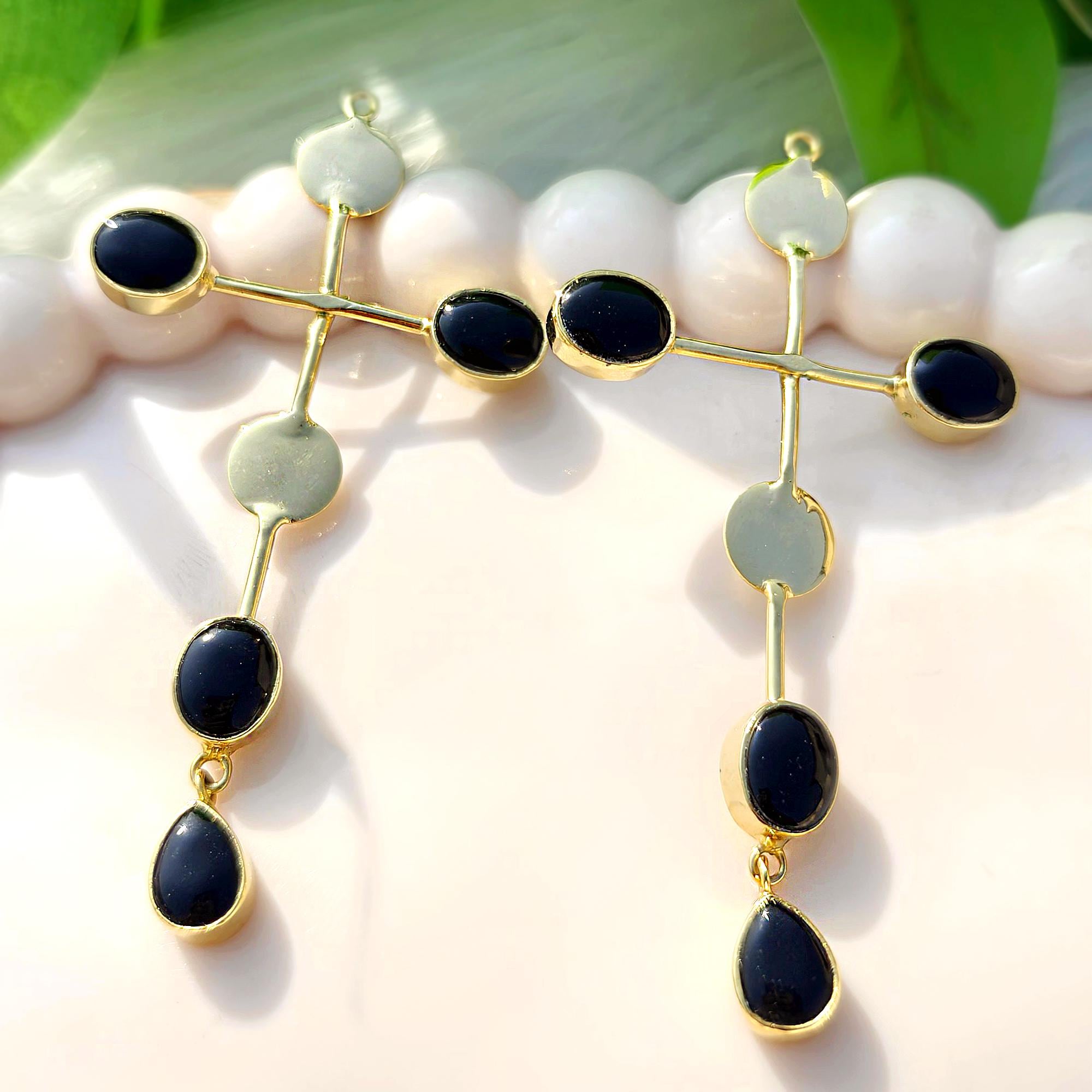 Black Onyx Cross Collet Set Connectors Smooth Oval - Pear Gemstone Drop Earring Pair