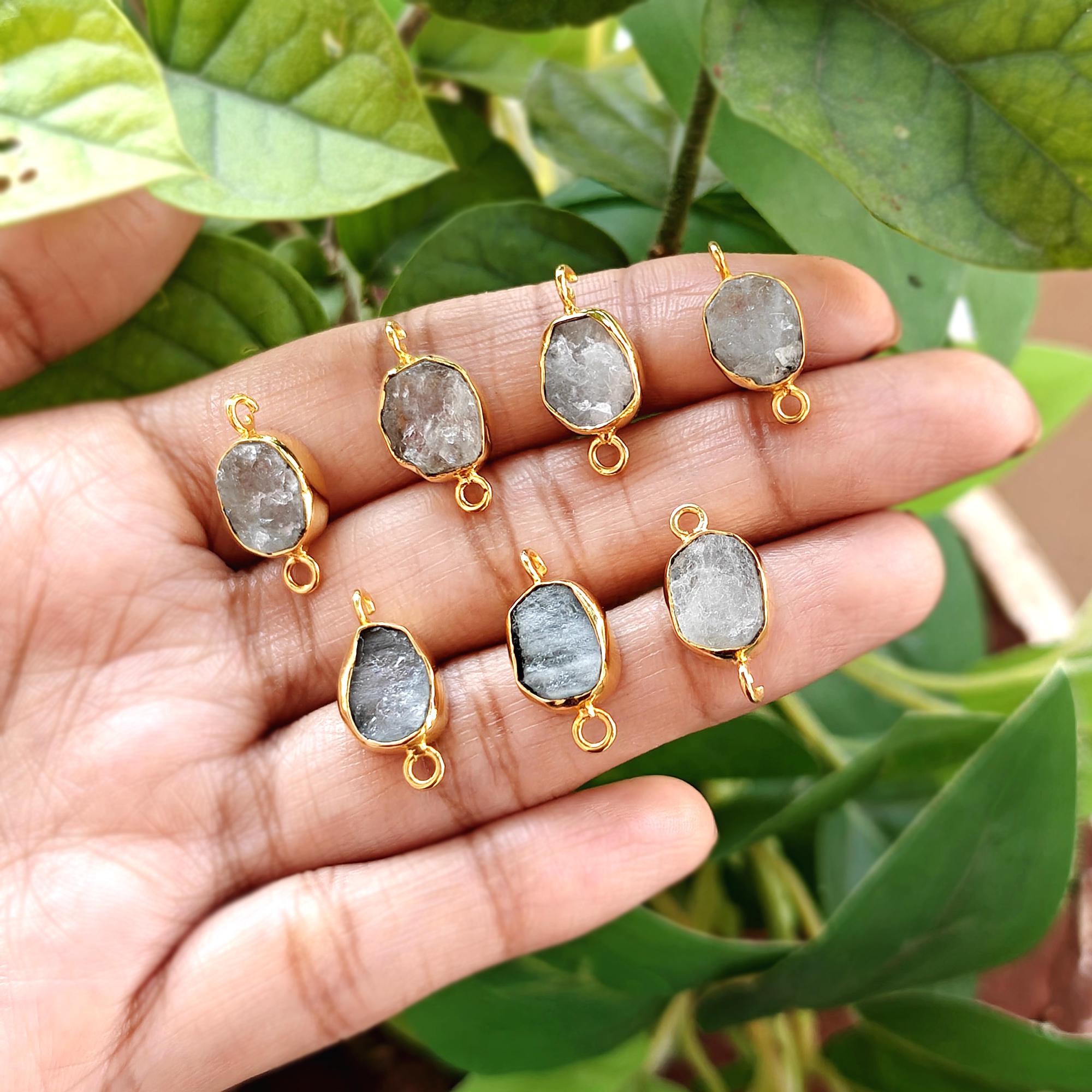Raw Aquamarine Double Bail Bracelet Connector Bezel Set Gemstone Charm Gold Plated Component