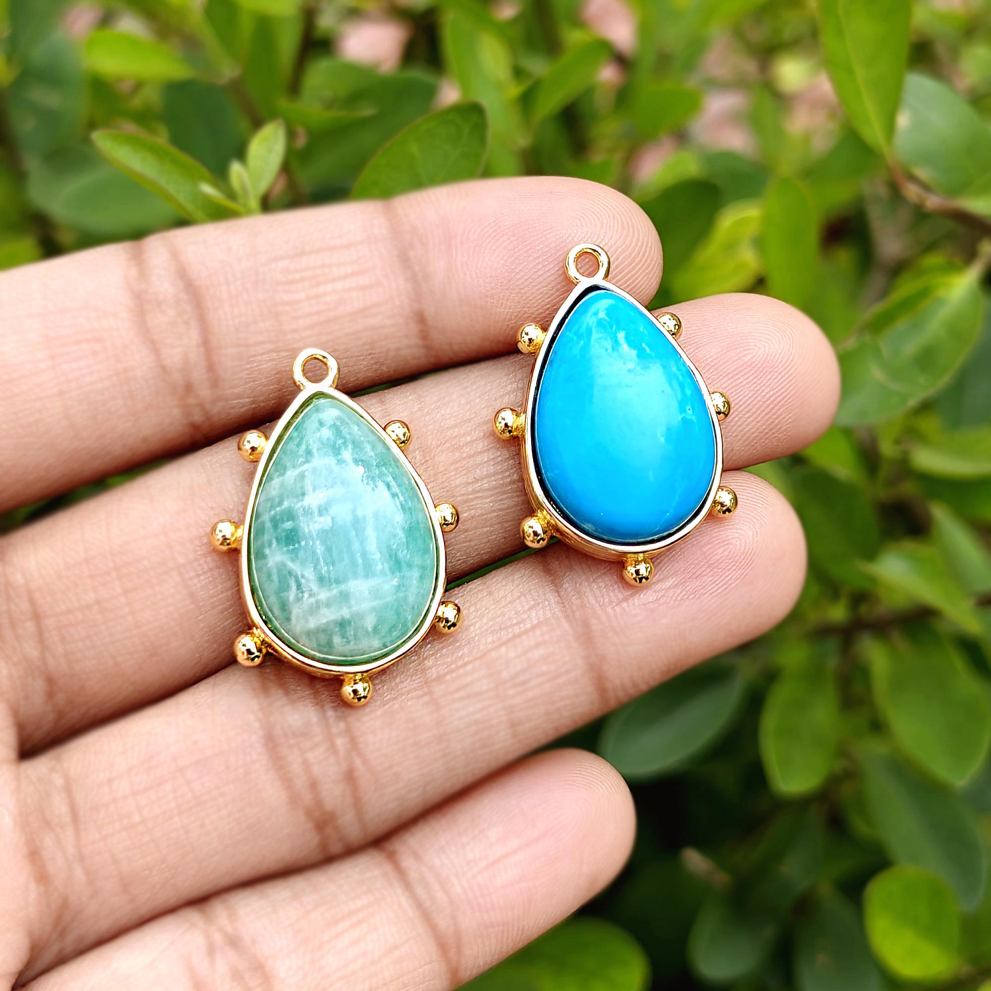 Pear Shape Turquoise, Amazonite Pendant Charm Gold Plated Necklace Connector Jewelry Component