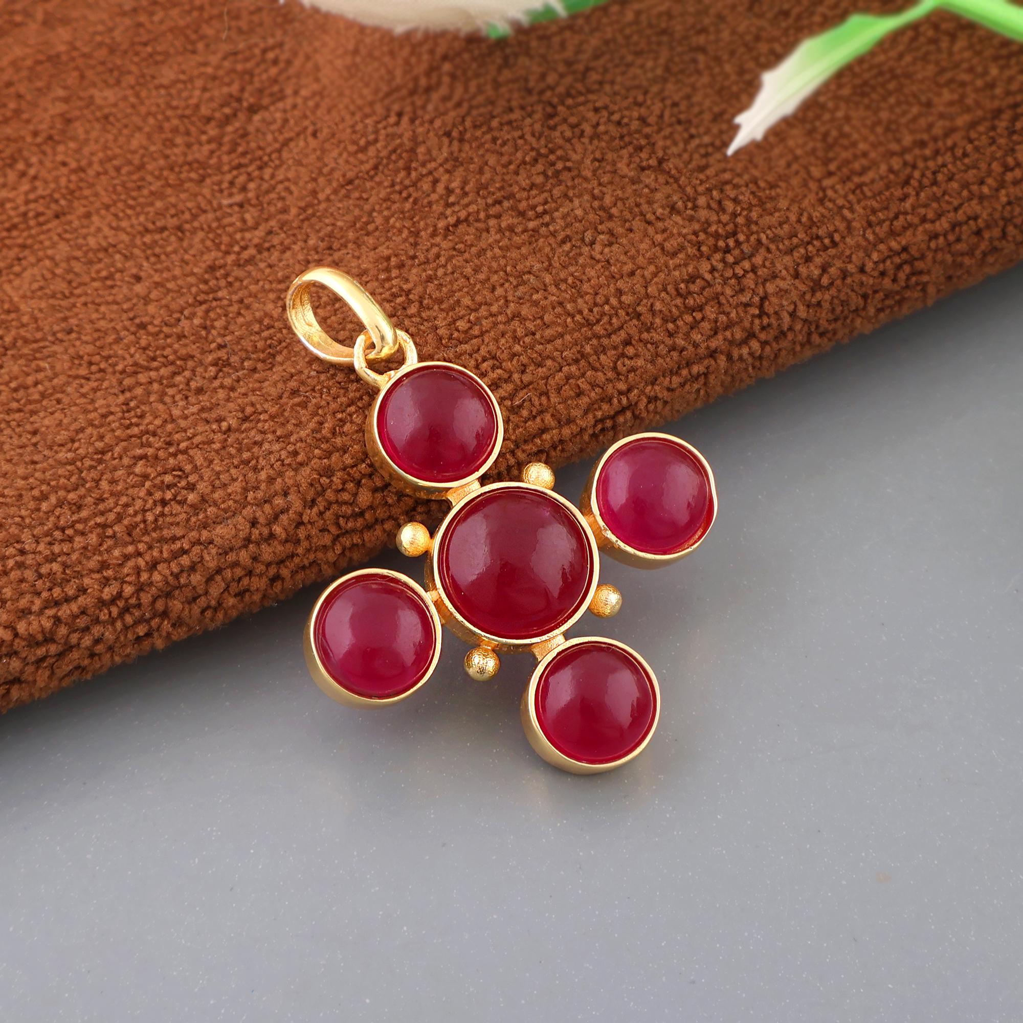 Ruby Jade Crucifix Pendant Charm Gold Plated Spiritual Cross Necklace