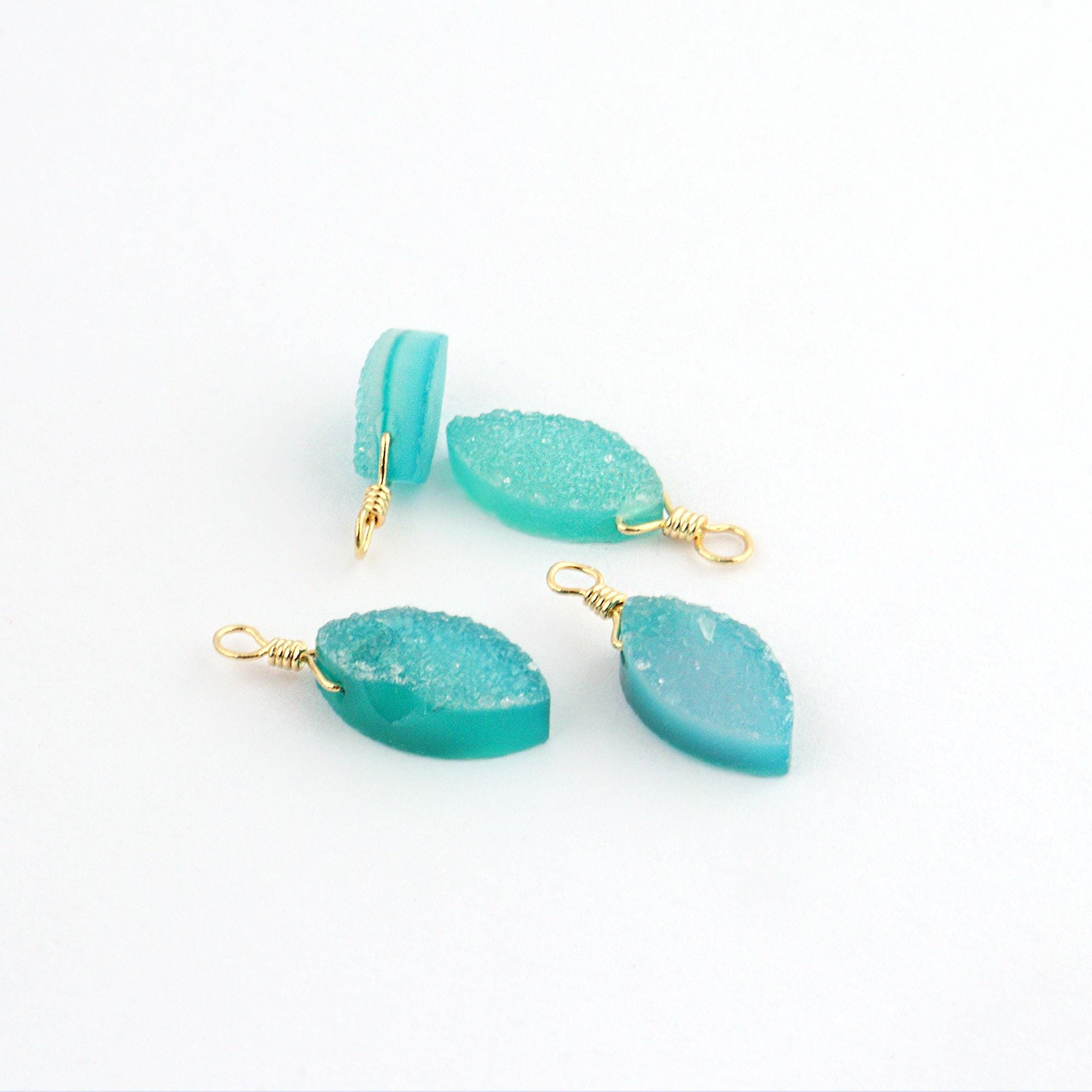 Gold Plated Sugar Druzy Gemstone Connector, Wire Wrapped Marquise Charms