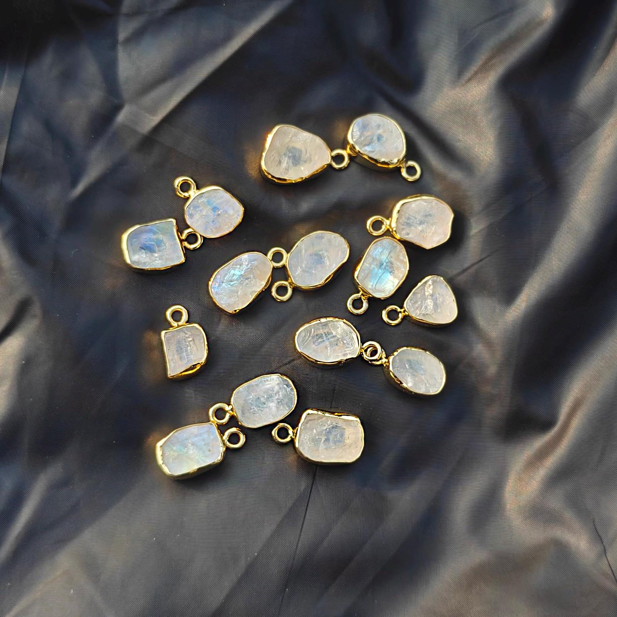 Natural Rainbow Moonstone Charm Pendant, Gold Plated Brass Connectors Making in Lot
