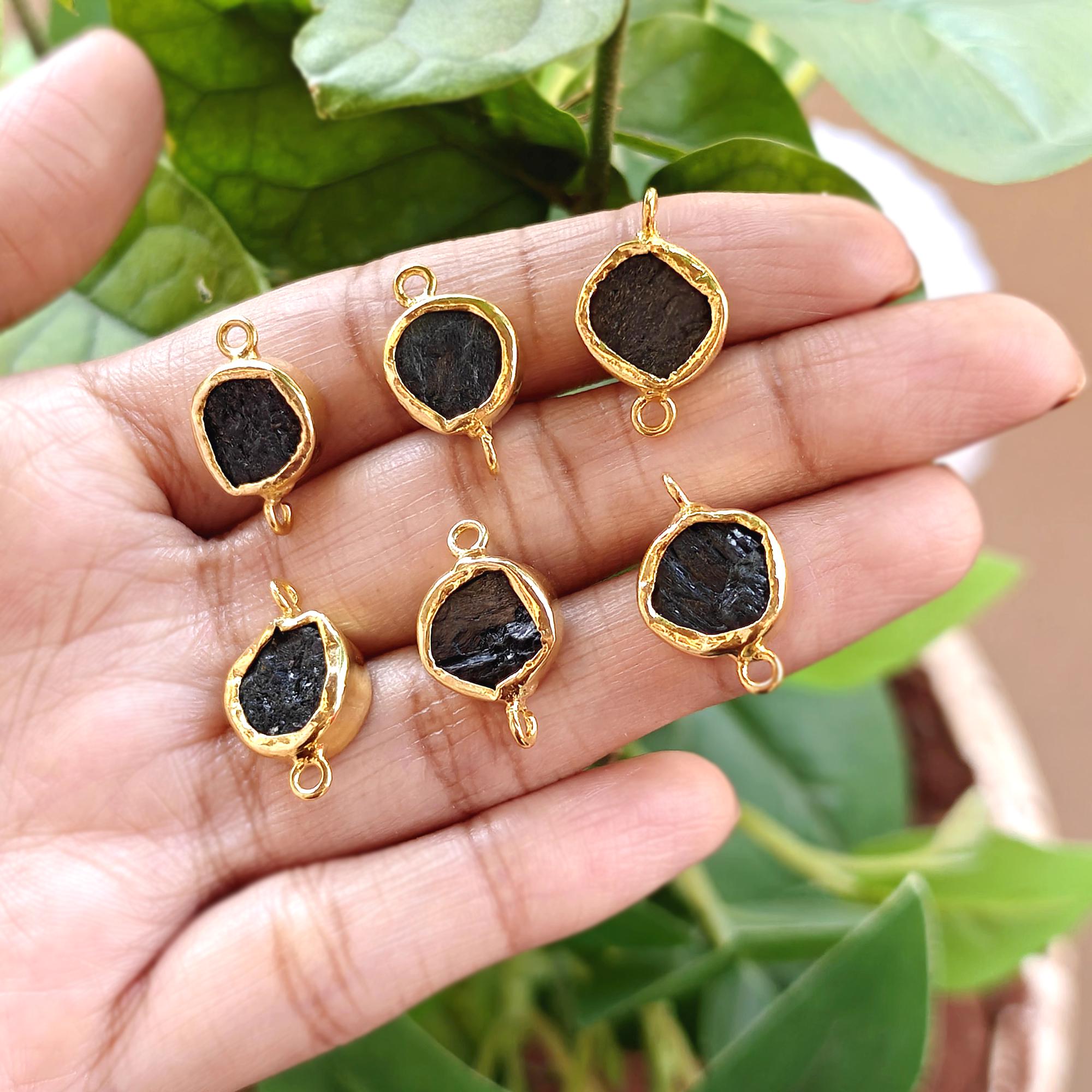 Raw Black Tourmaline Double Bail Bracelet Connector Bezel Set Gemstone Charm Gold Plated Component