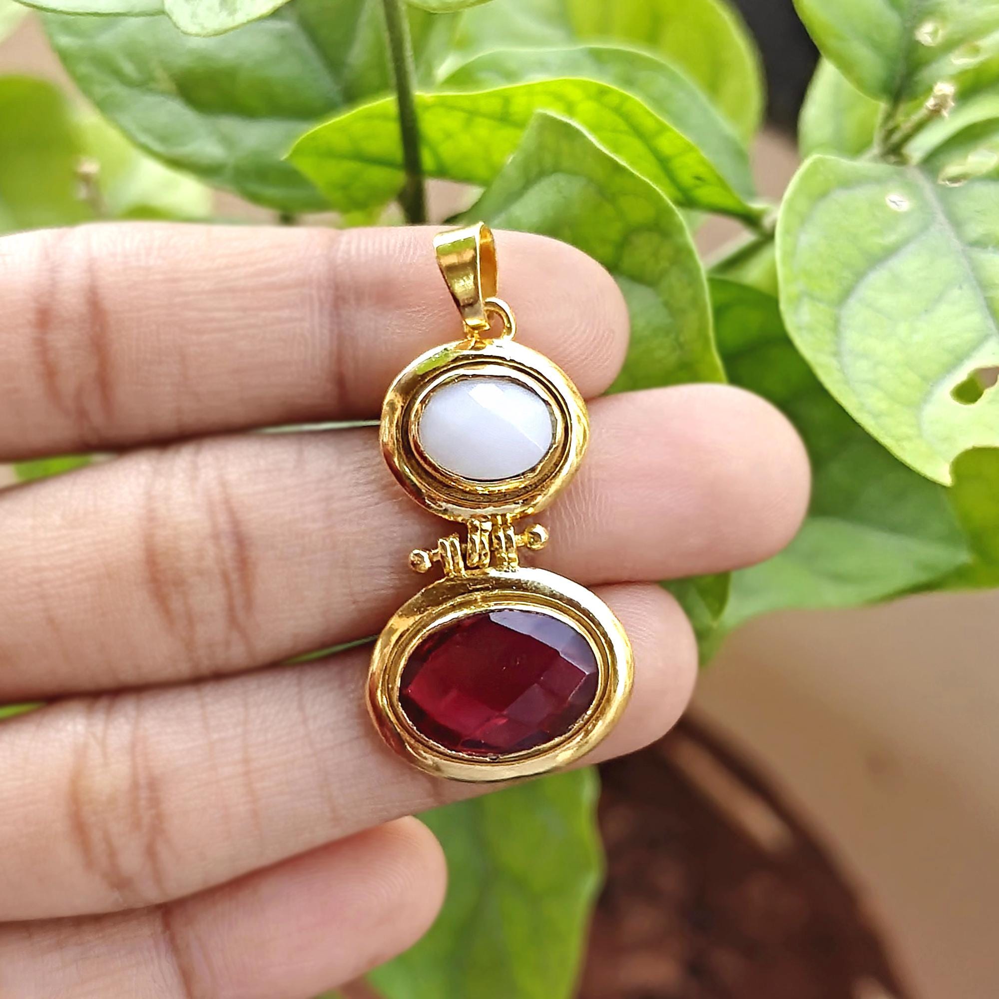 White Agate Ruby Quartz Pendant, Gold Plated Brass Charm