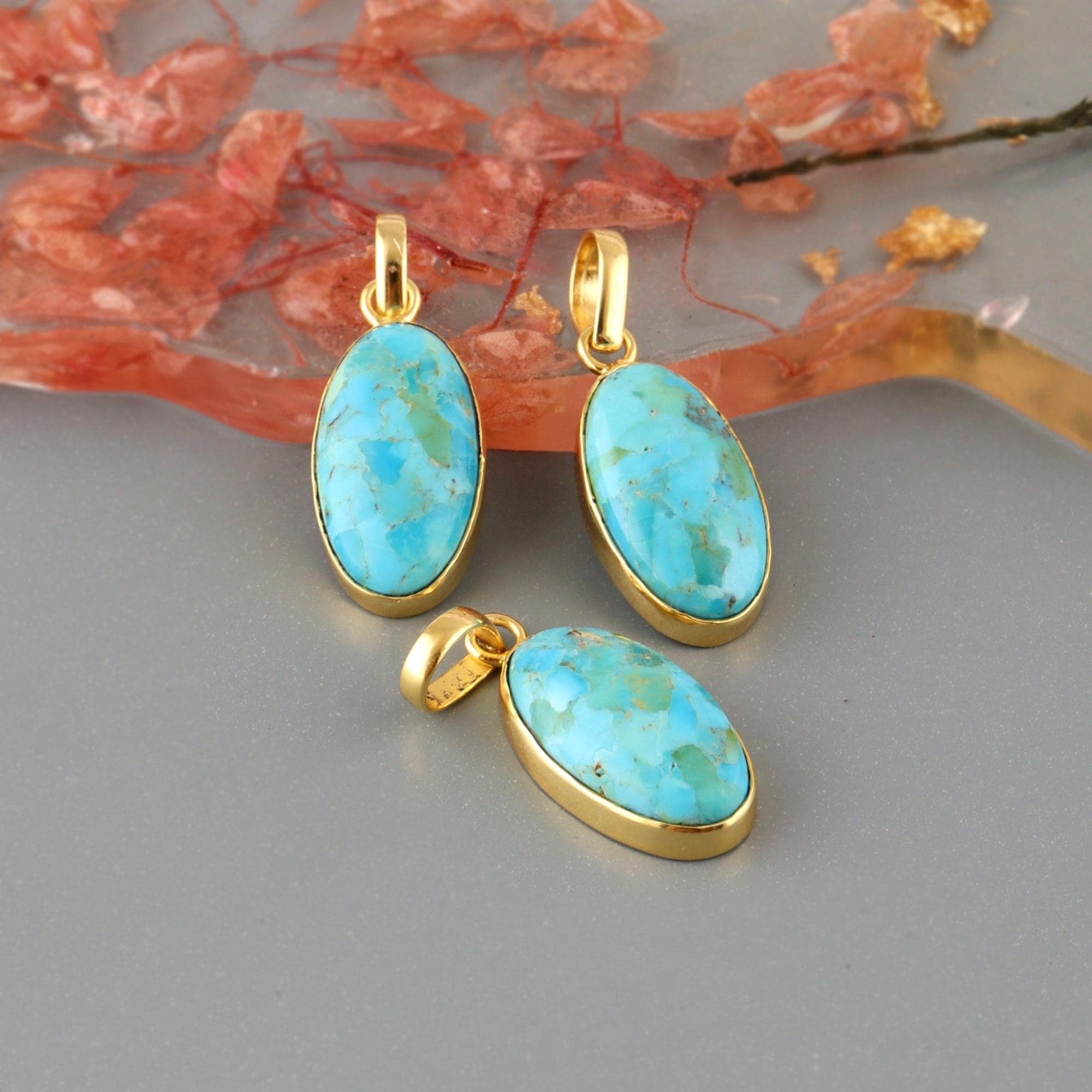 Kingman Turquoise Gold Plated Pendant Necklace Oval Statement Gemstone Charm Arizona December Birthstone