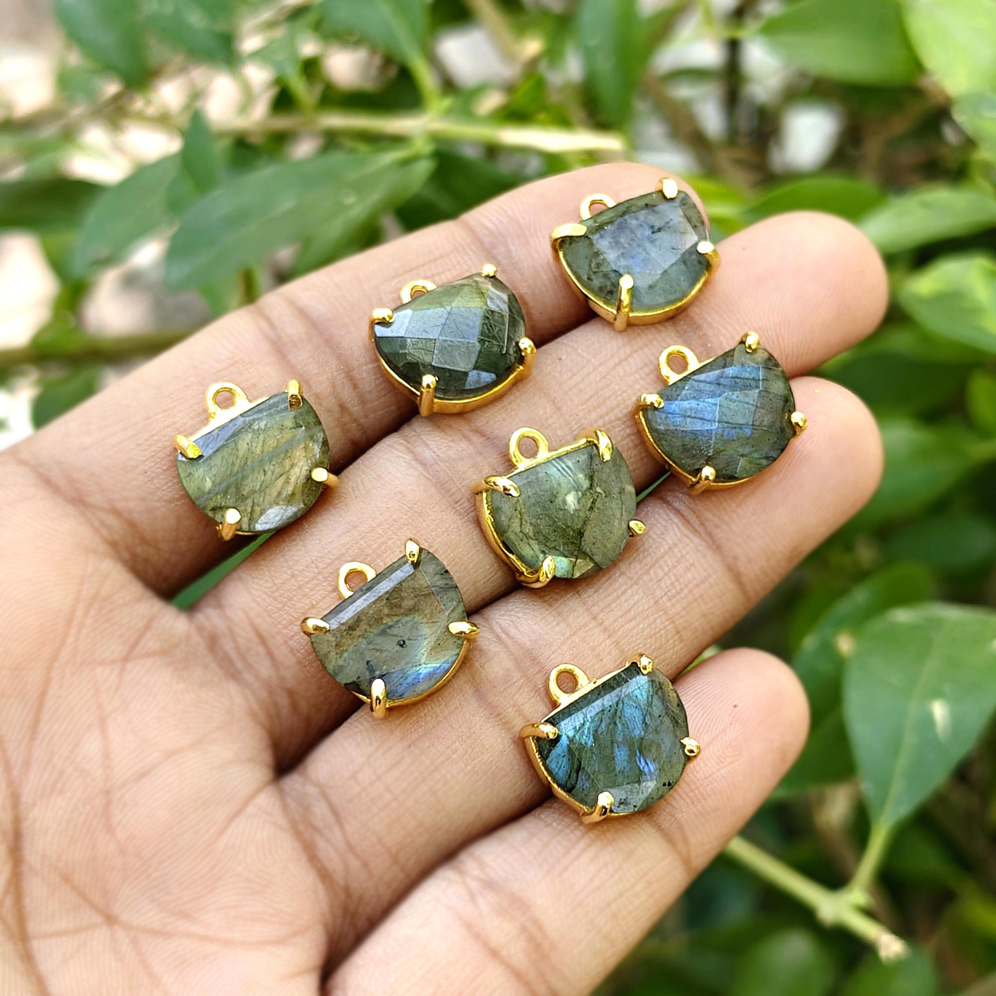 Multi Flash Labradorite Connector Gold Plated Prong Set Gemstone Charm Jewelry Making Supplies