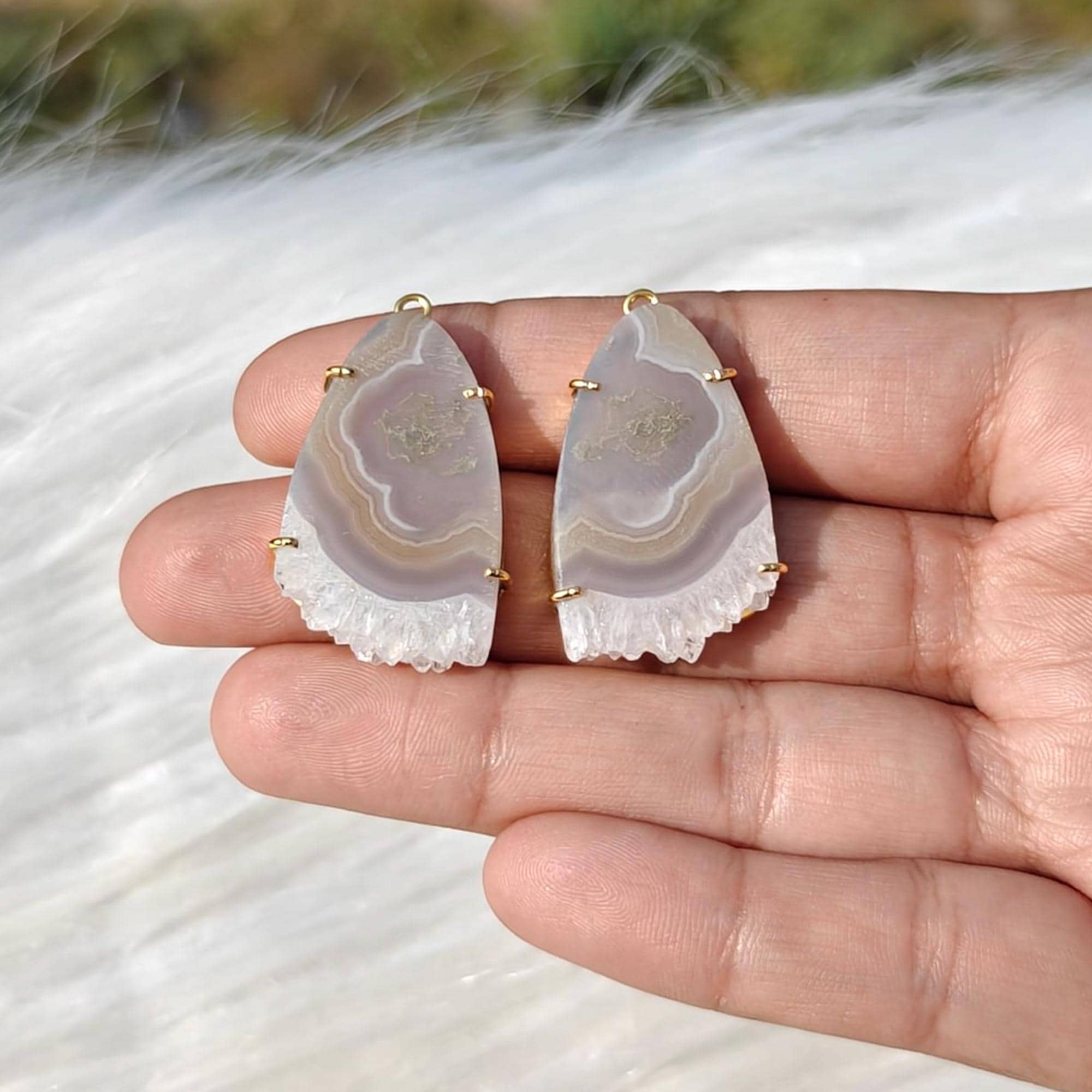 Grey Botswana Agate Earring Pair, Gold Plated Single Bail Connectors