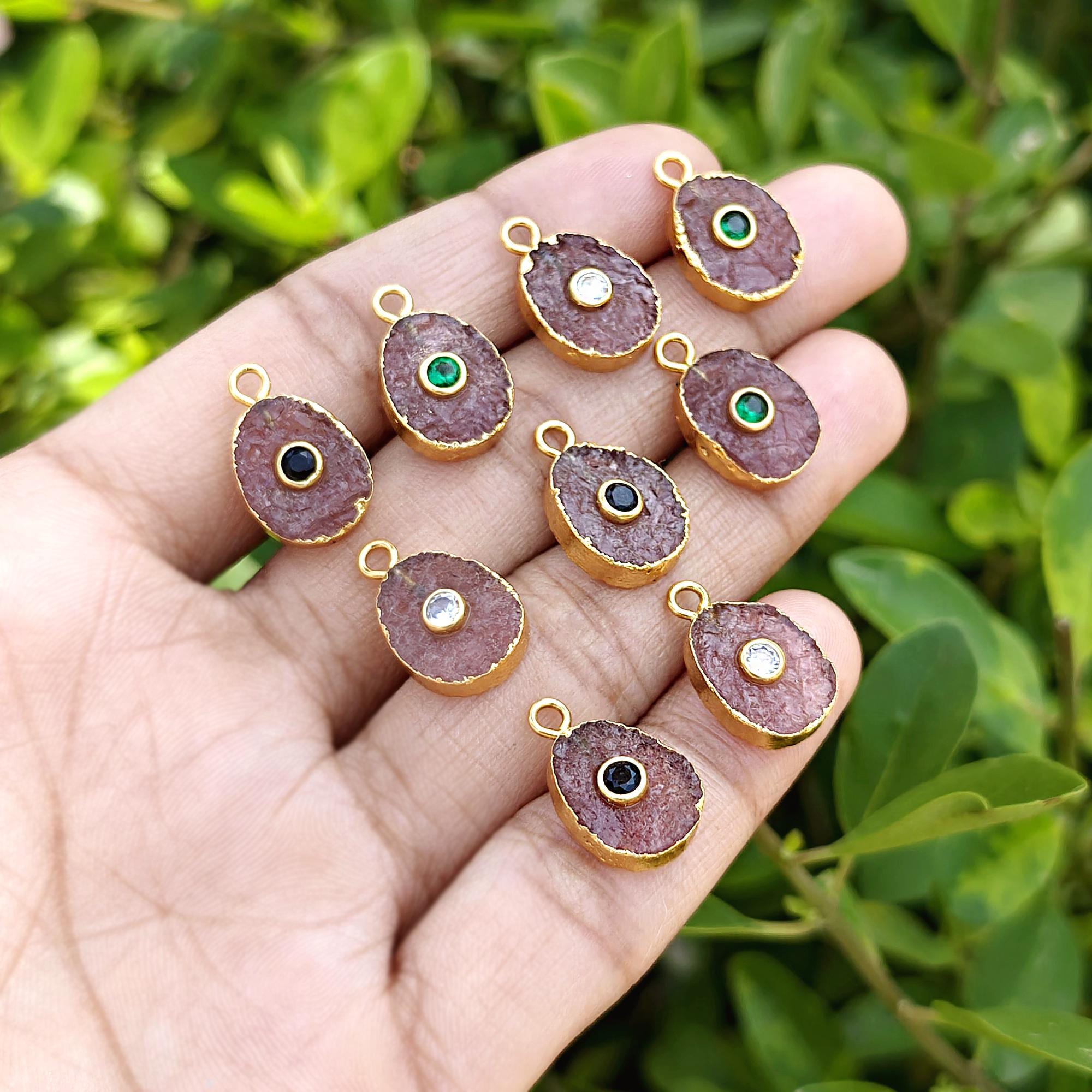 Cherry Quartz Raw Oval Pendant Connector Electroplated Gemstone Charm Single Bail Jewelry Component