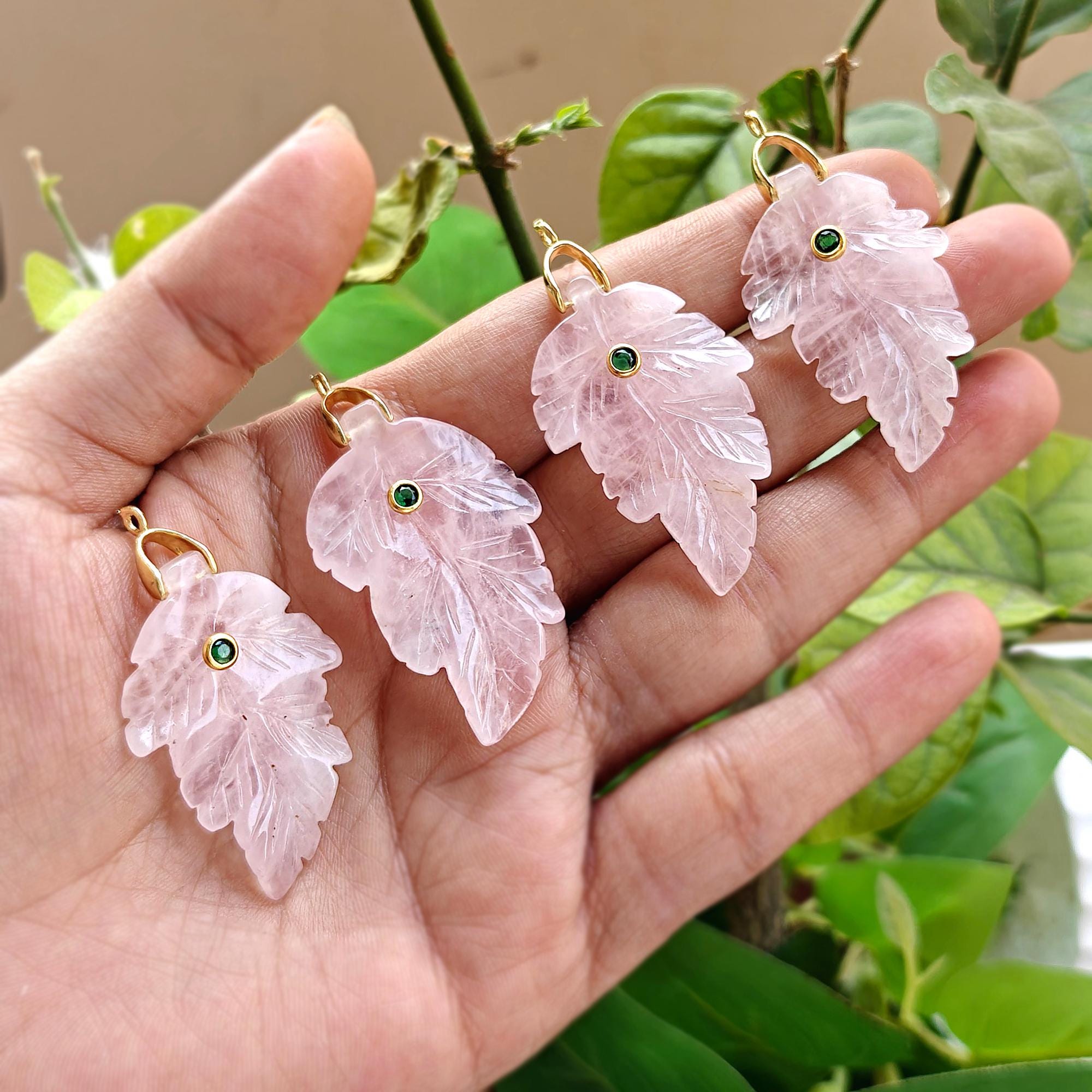 Rose Quartz with Emerald CZ Leaf Pendant Hand Carved Gemstone Charm DIY Necklace Component