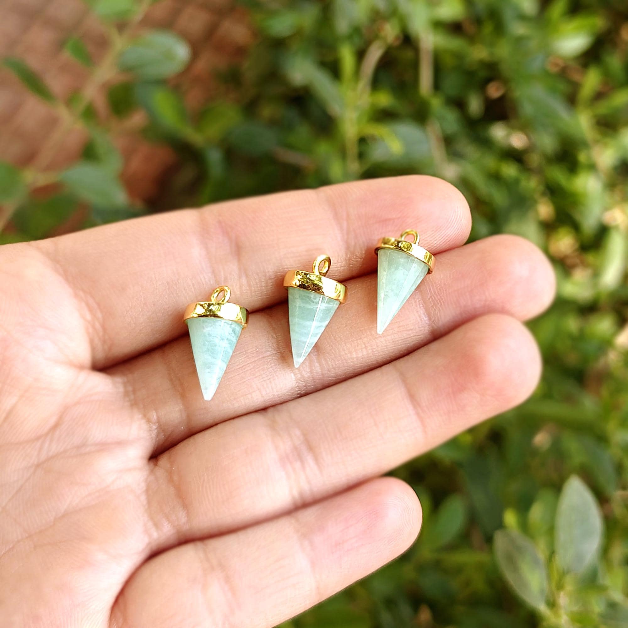 Amazonite Cone Shape Pendant Gold Plated Gemstone Connector Making Supply