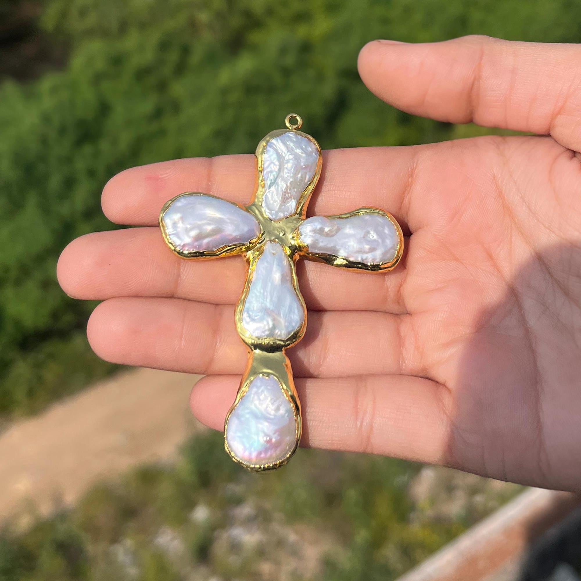 Natural Freshwater Pearl Cross Gold Electroplated Pendant Connector for Making Supply