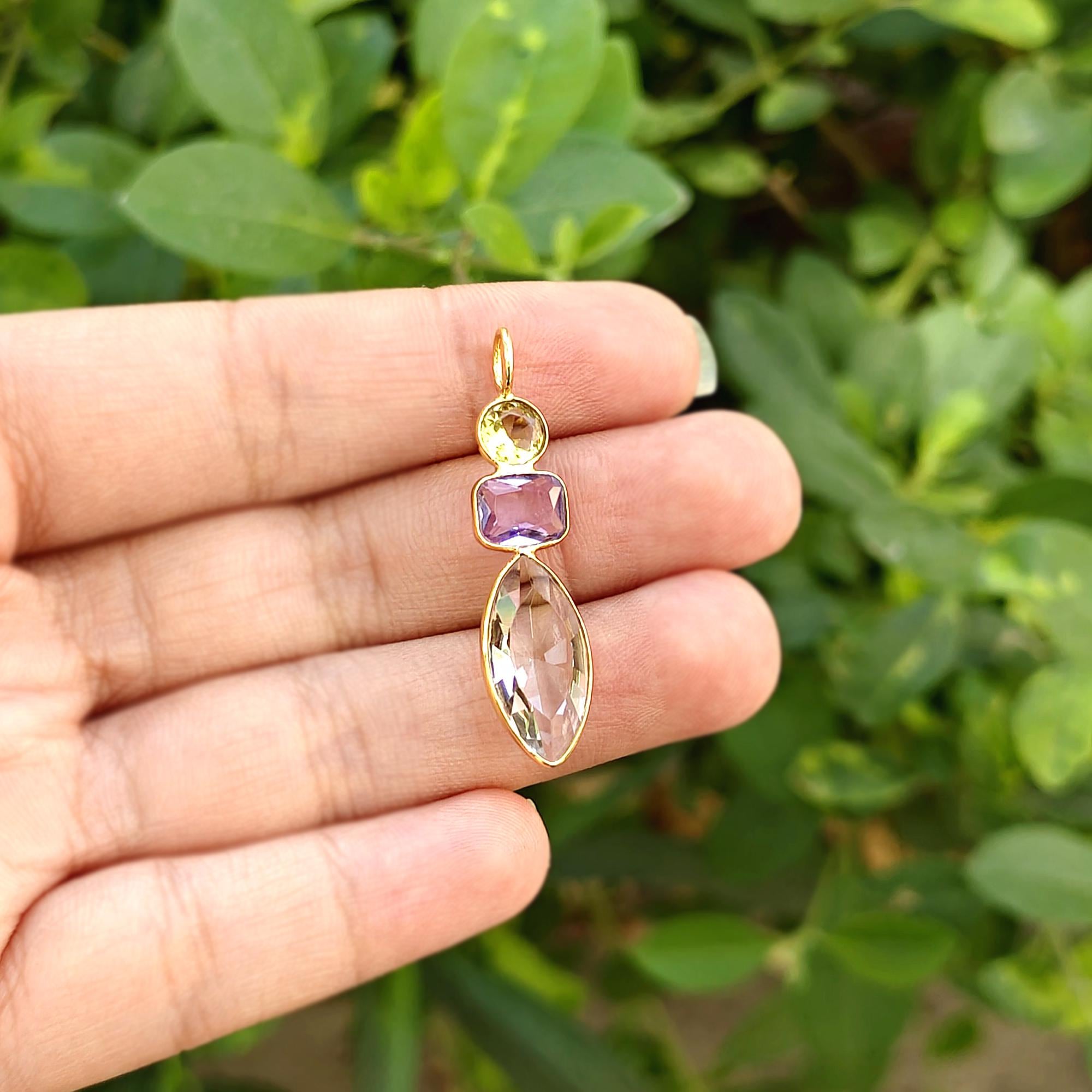 Gold Bezel Gemstone Charms Citrine, Amethyst Quartz Pendant Making Supplies
