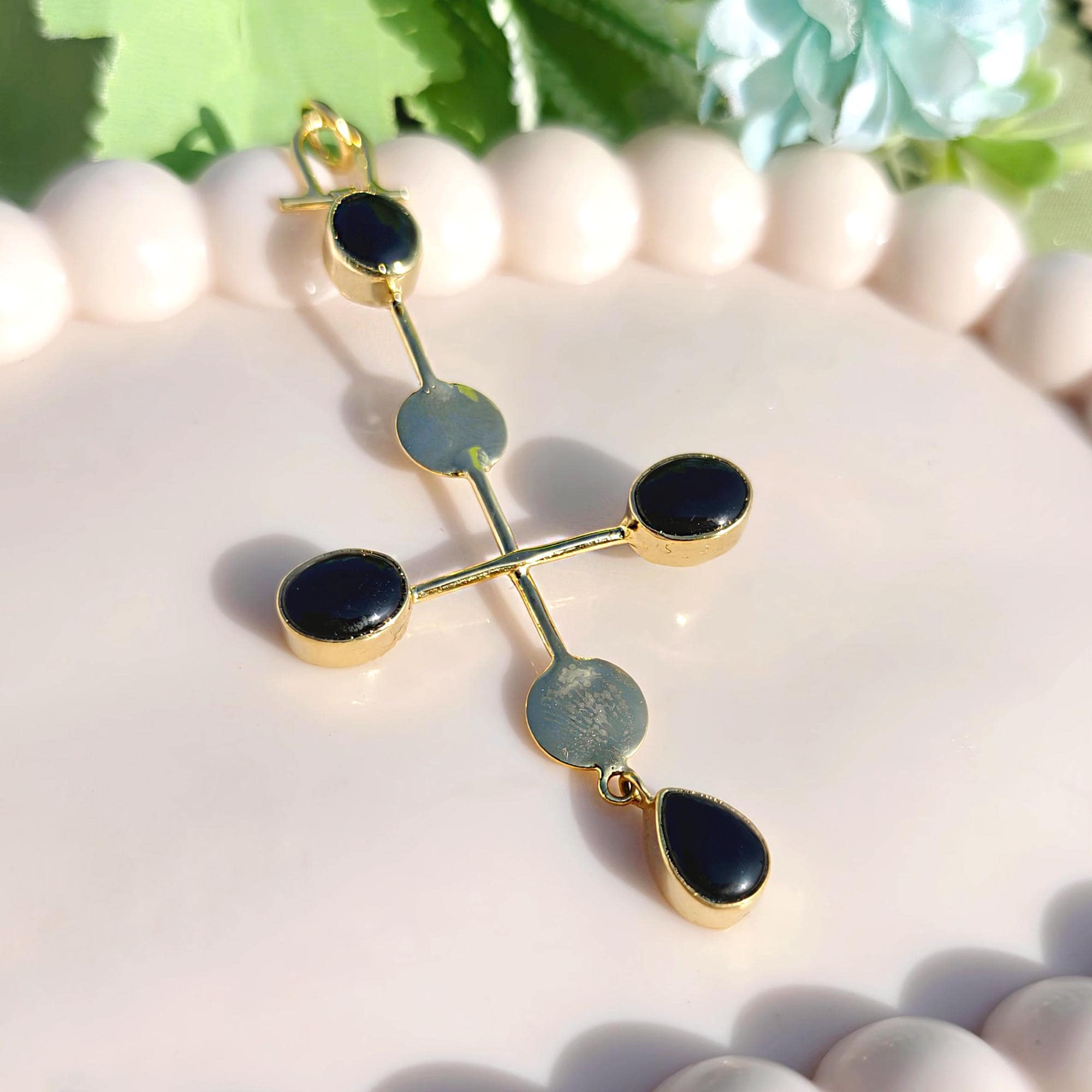 Gold Plated Black Onyx Cross Pendant Necklace Oval Pear Gemstone Jewelry Making Components