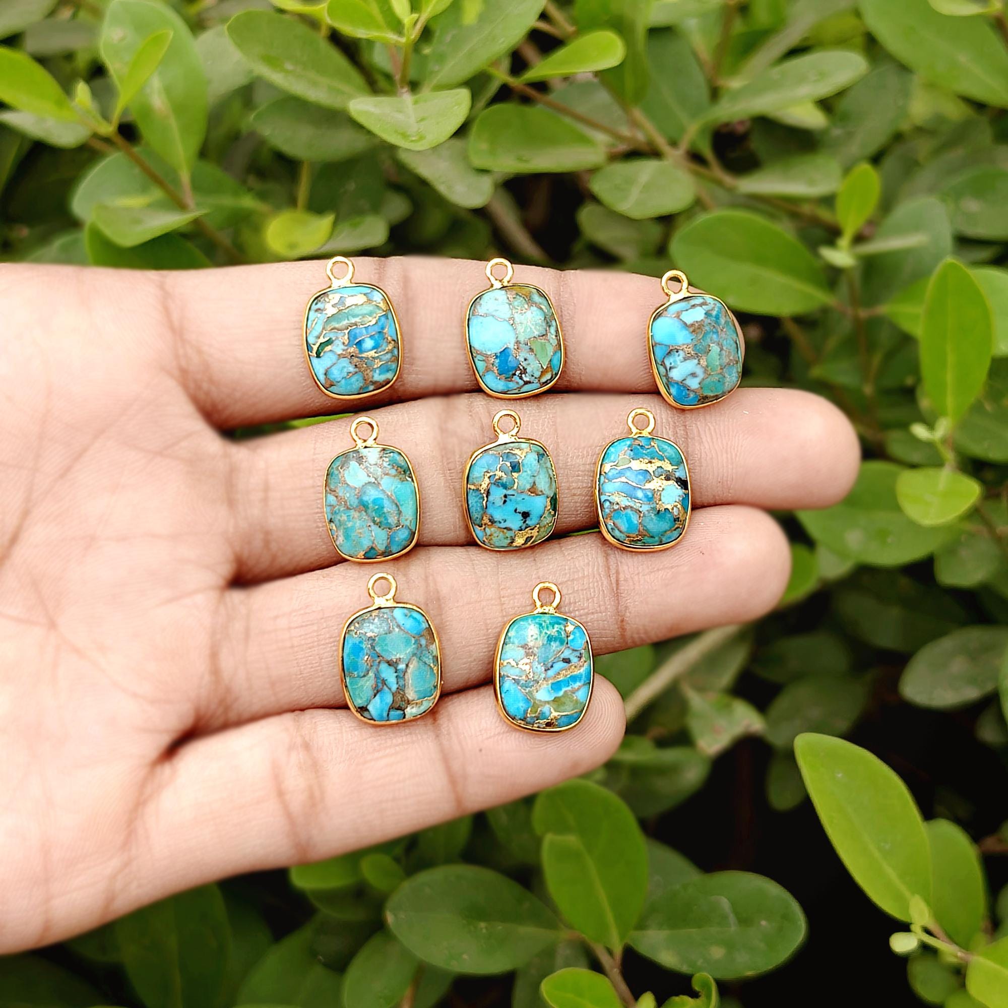 Gold Plated Kingman Turquoise Pendant Charm 10x12 Rectangle Cabochon Single Bail Connector Finding