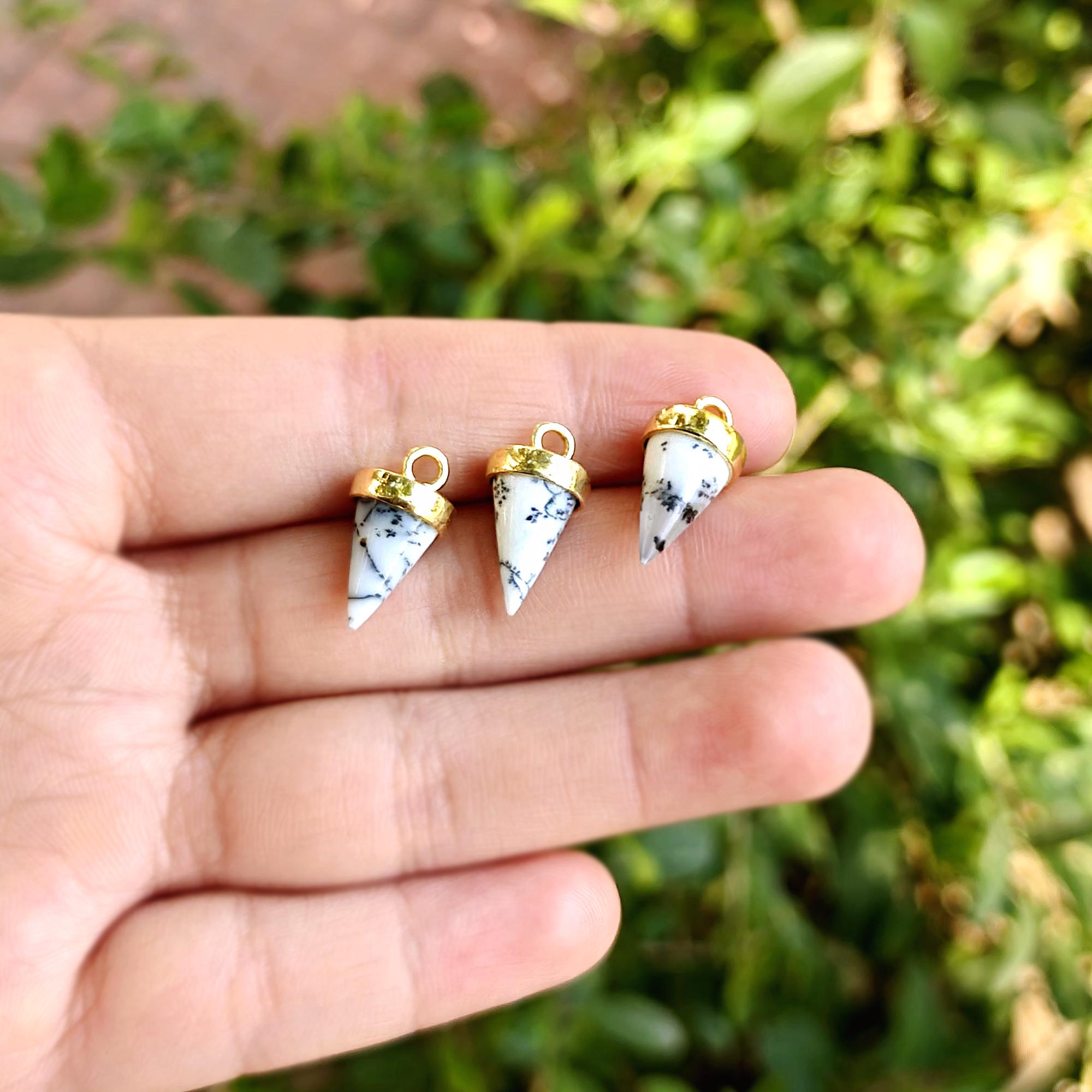 Dendrite Opal Cone Shape Pendant Gold Plated Gemstone Connector Making Supply
