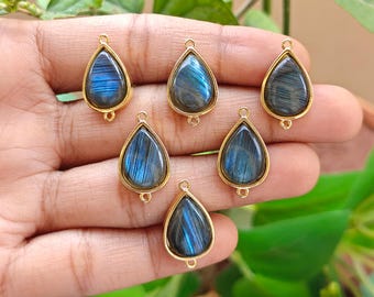 Natural Labradorite, Strawberry Quartz Pear Connector Double Bail Gemstone Charm Jewelry Making Component
