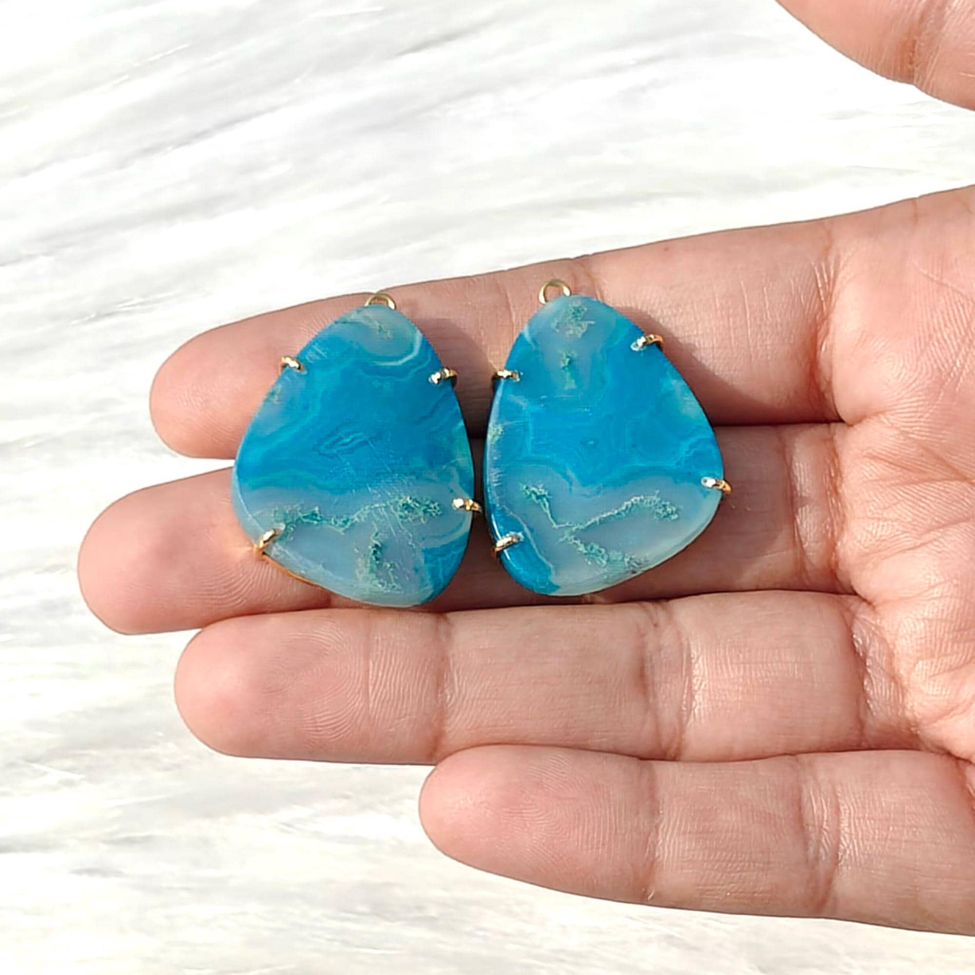 Botswana Blue Agate Slice Earring Connectors: DIY Brass Single Bail Gemstone Jewelry Pairs
