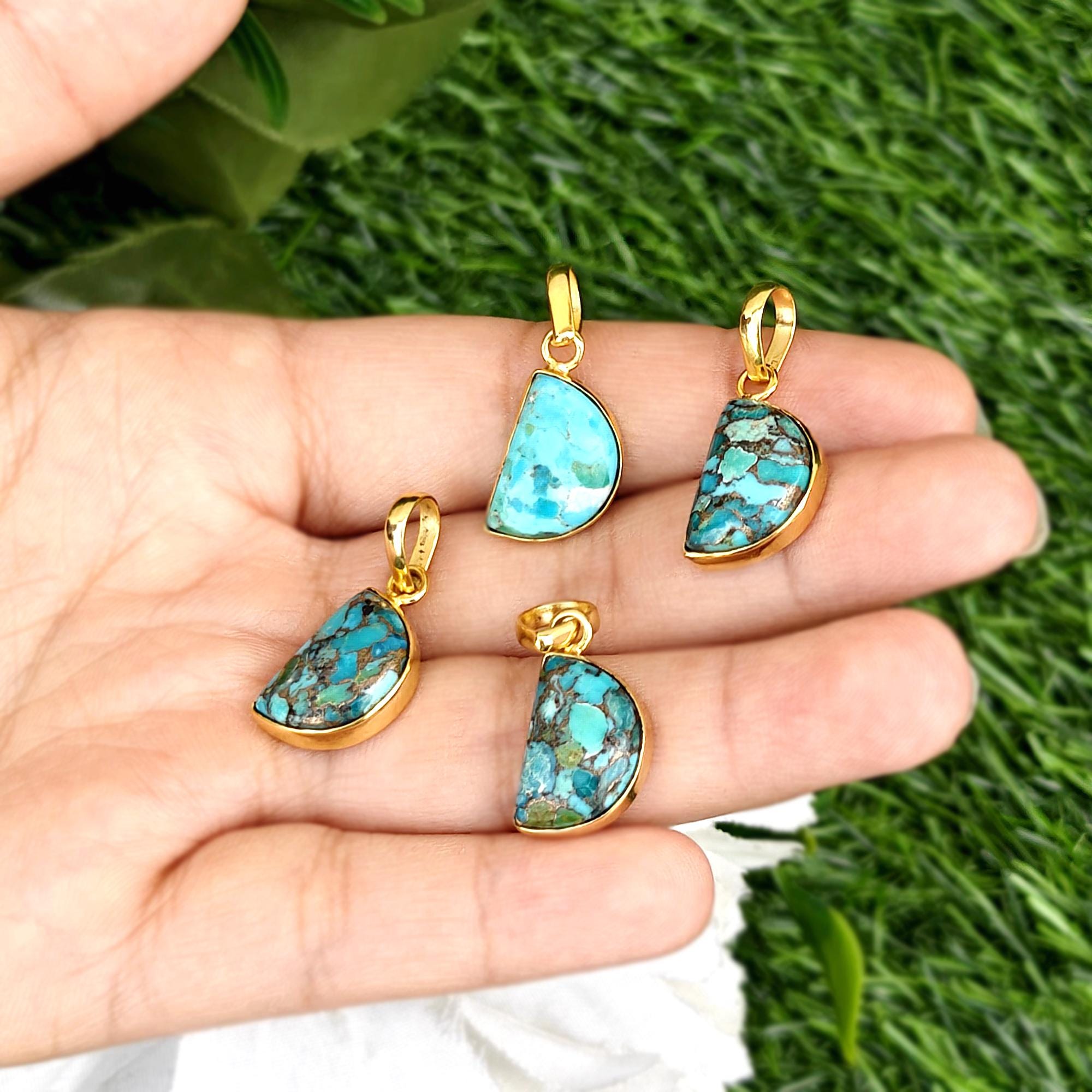 Half Moon Blue Copper Turquoise Pendant, Gold Bezel Gemstone Charm (Jewelry Making Supplies)