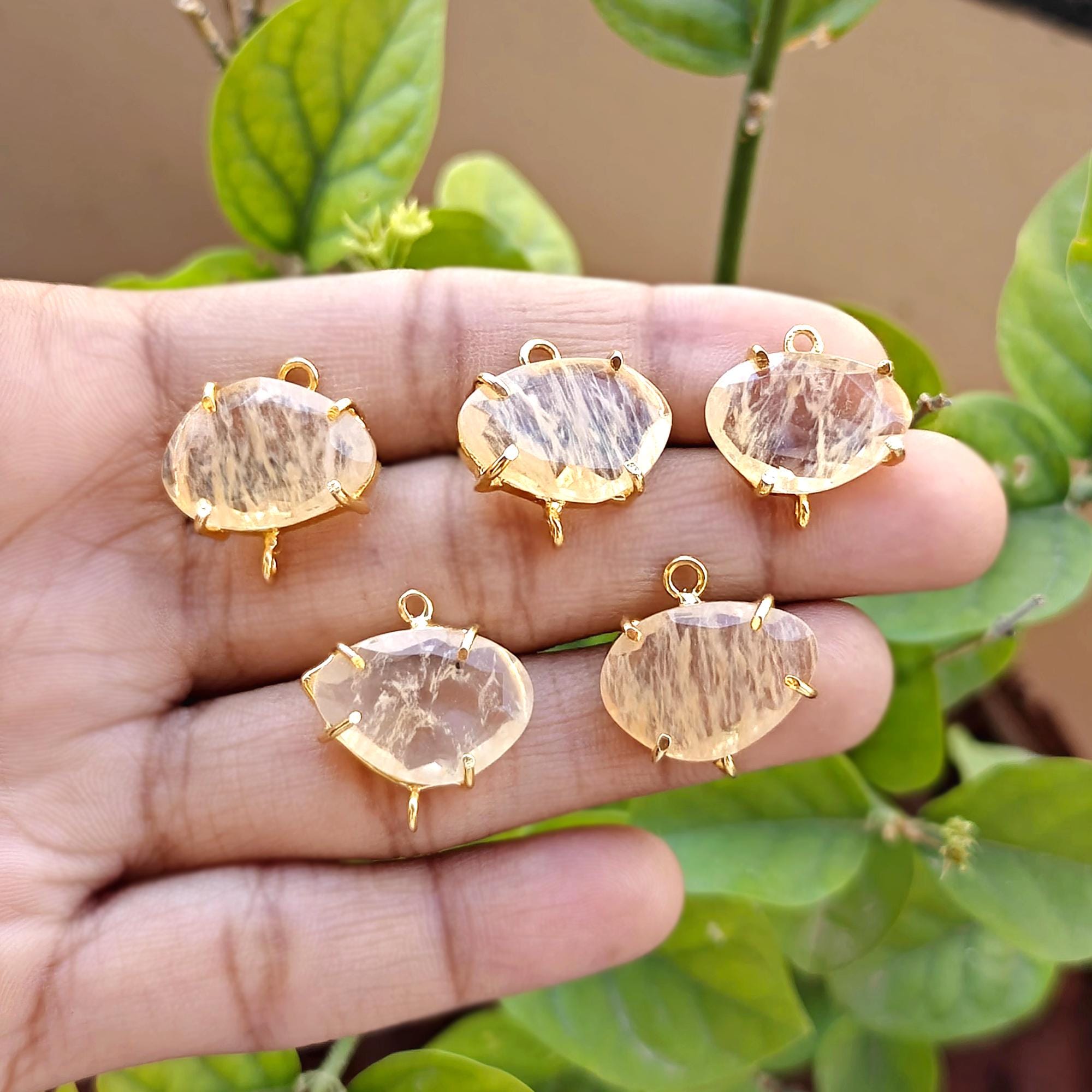 Natural Golden Rutile Connector Gold Plated Prong Set Bracelet Charm Jewelry Making Supply Component