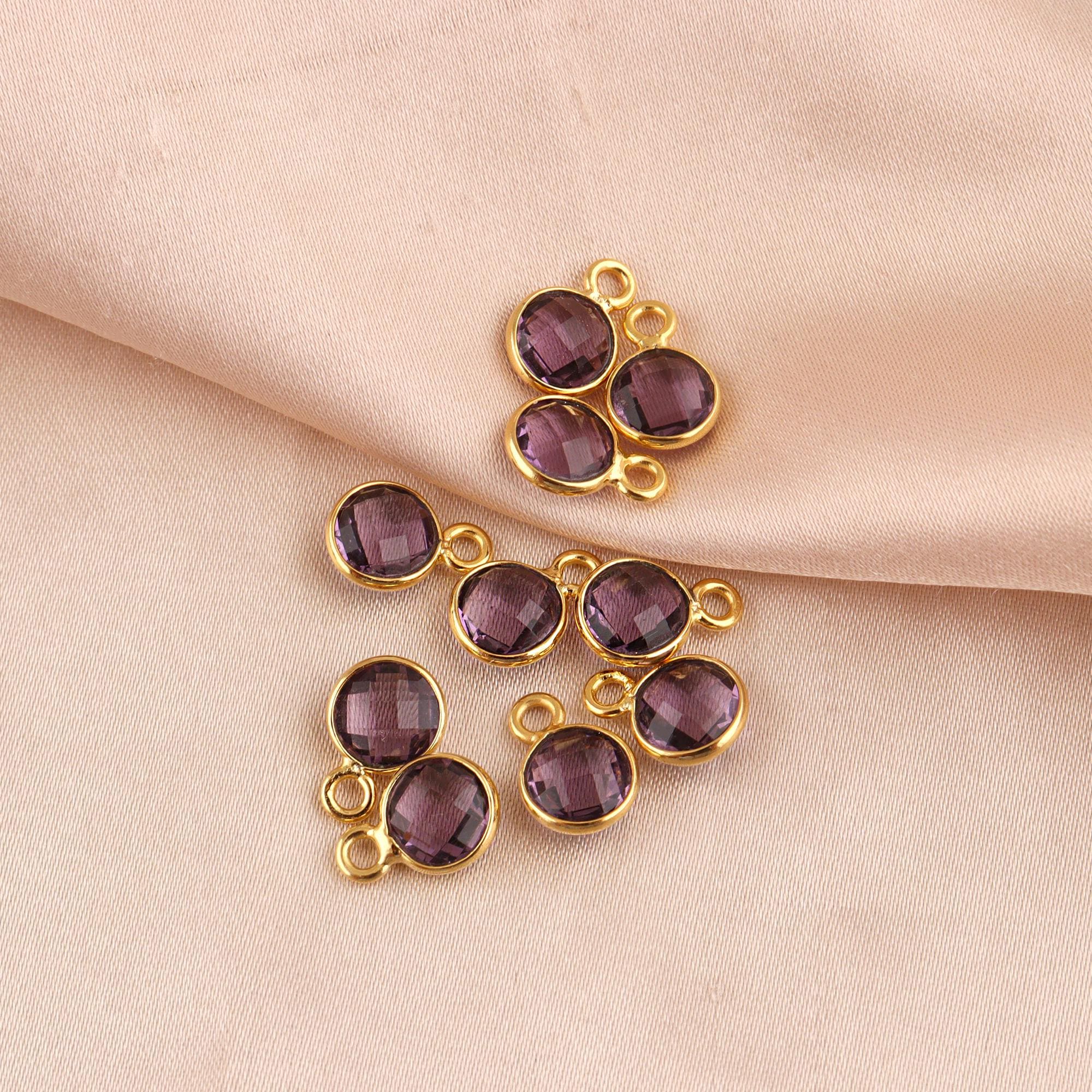 6mm Round Quartz Birthstone Charm Gold Plated Bezel Gemstone Pendant Connector Finding
