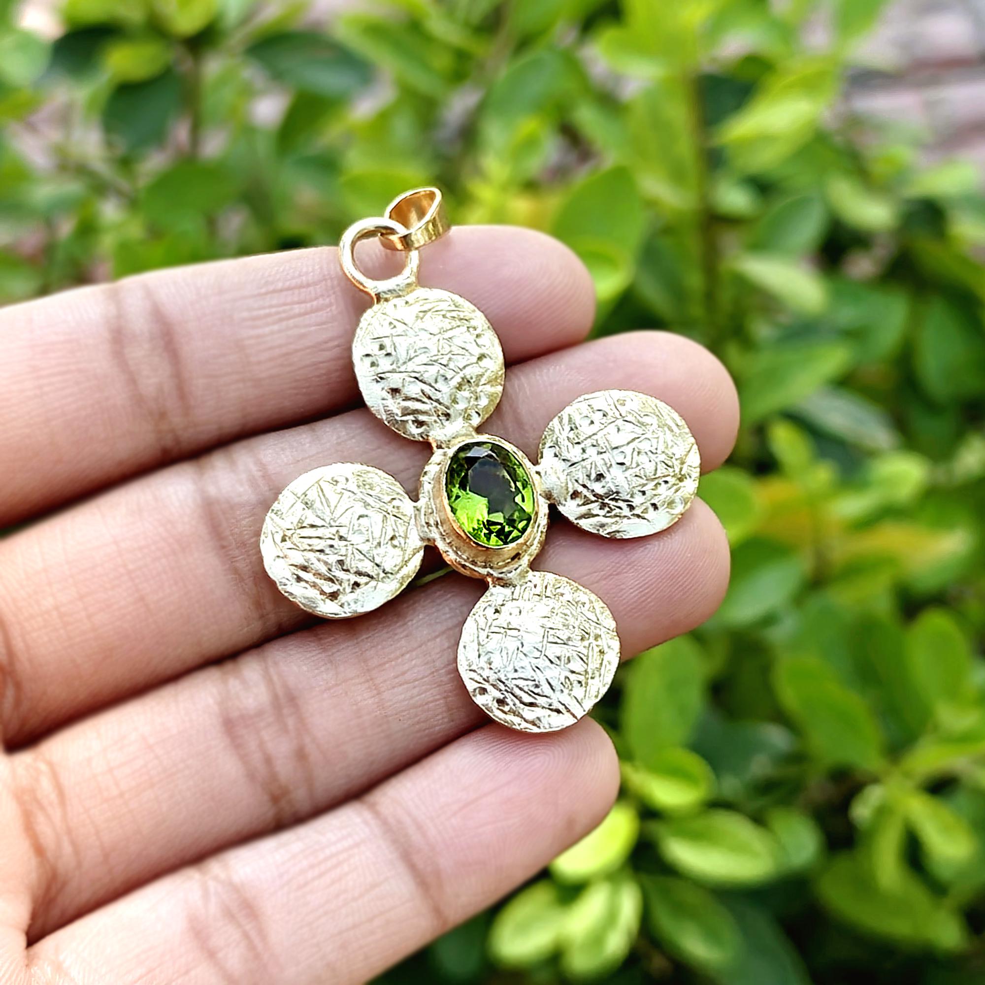 Gold Plated Peridot Quartz Gemstone Cross Pendant Charm Jewelry Making Connector