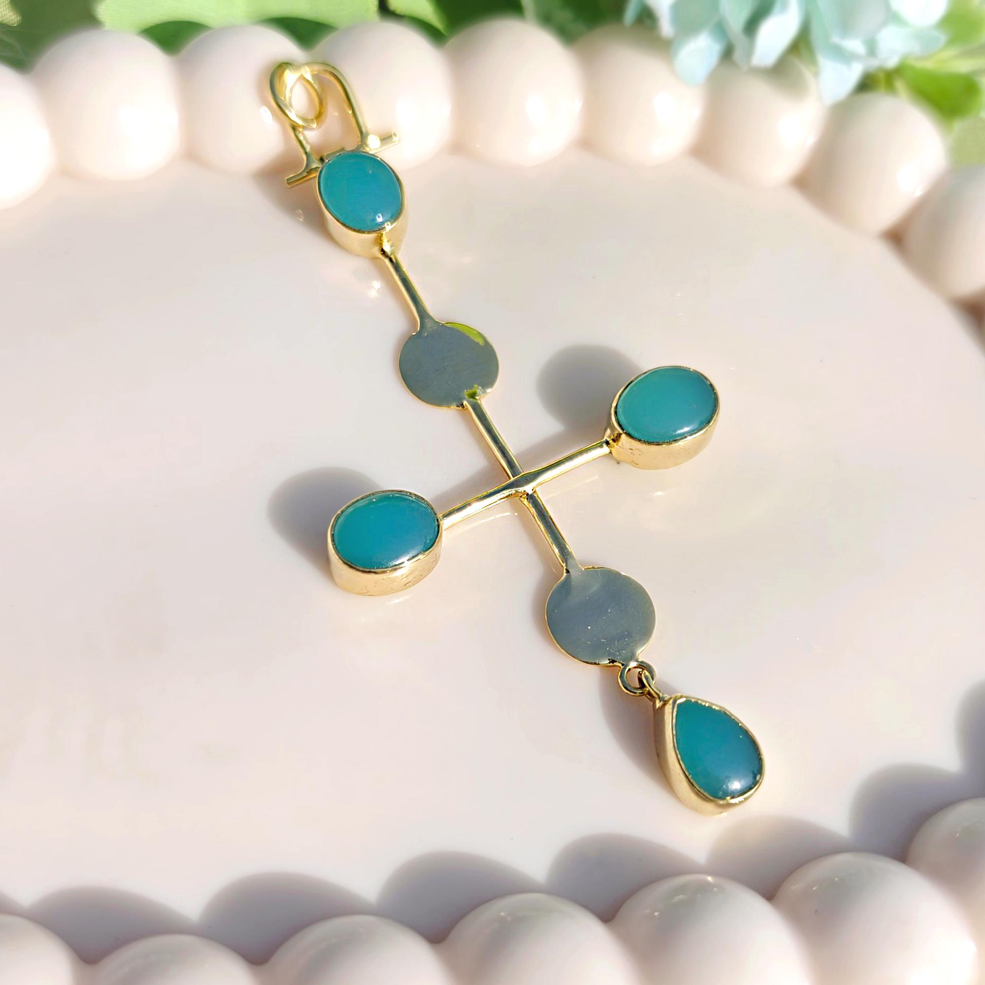 Chalcedony Cross Pendant Geometric Collet Set Gemstone Necklace Jewelry with U-Shaped Bail