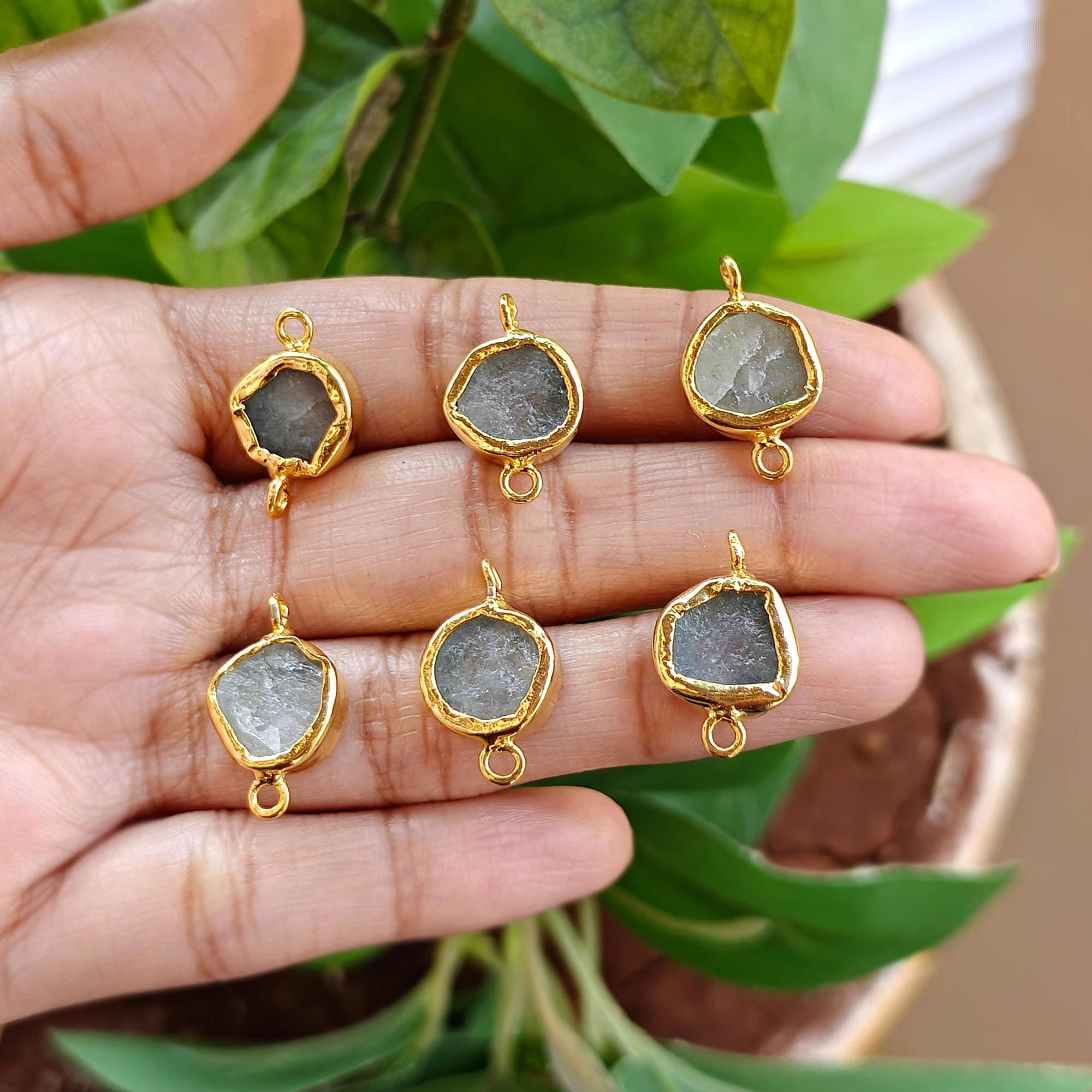 Aquamarine Raw Gemstone Double Bail Bracelet Connector Bezel Set Charm Gold Plated Component