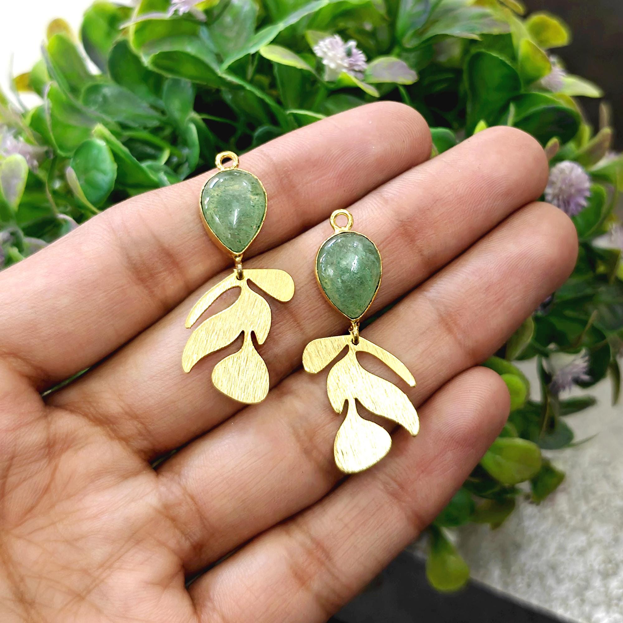 Labradorite, Golden Rutile Gemstone Gold Plated Leaf Earring Connector Component