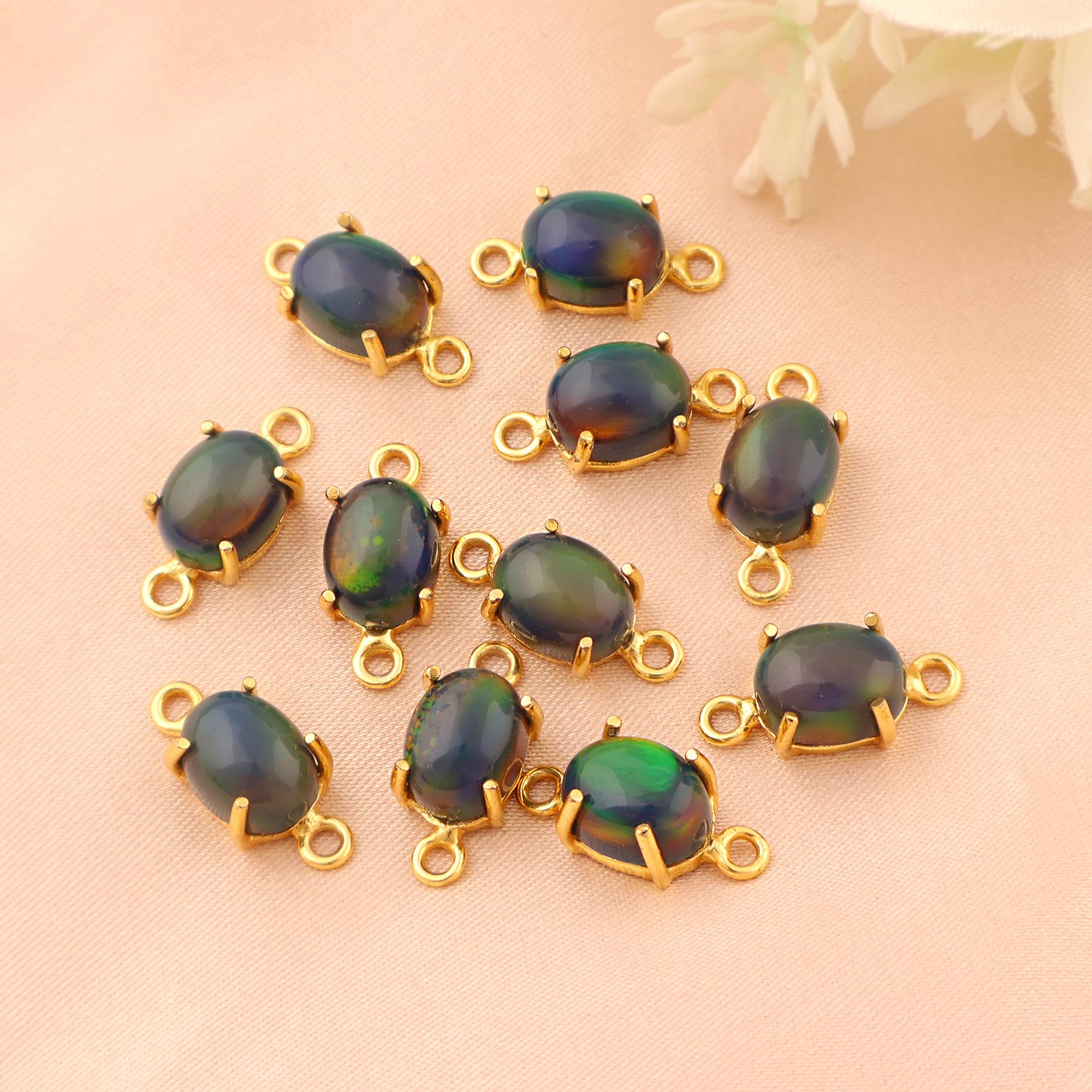 Multi Opal Pendant Charm Gold Plated Oval Cabochon Gemstone Jewelry Making Connector Findings