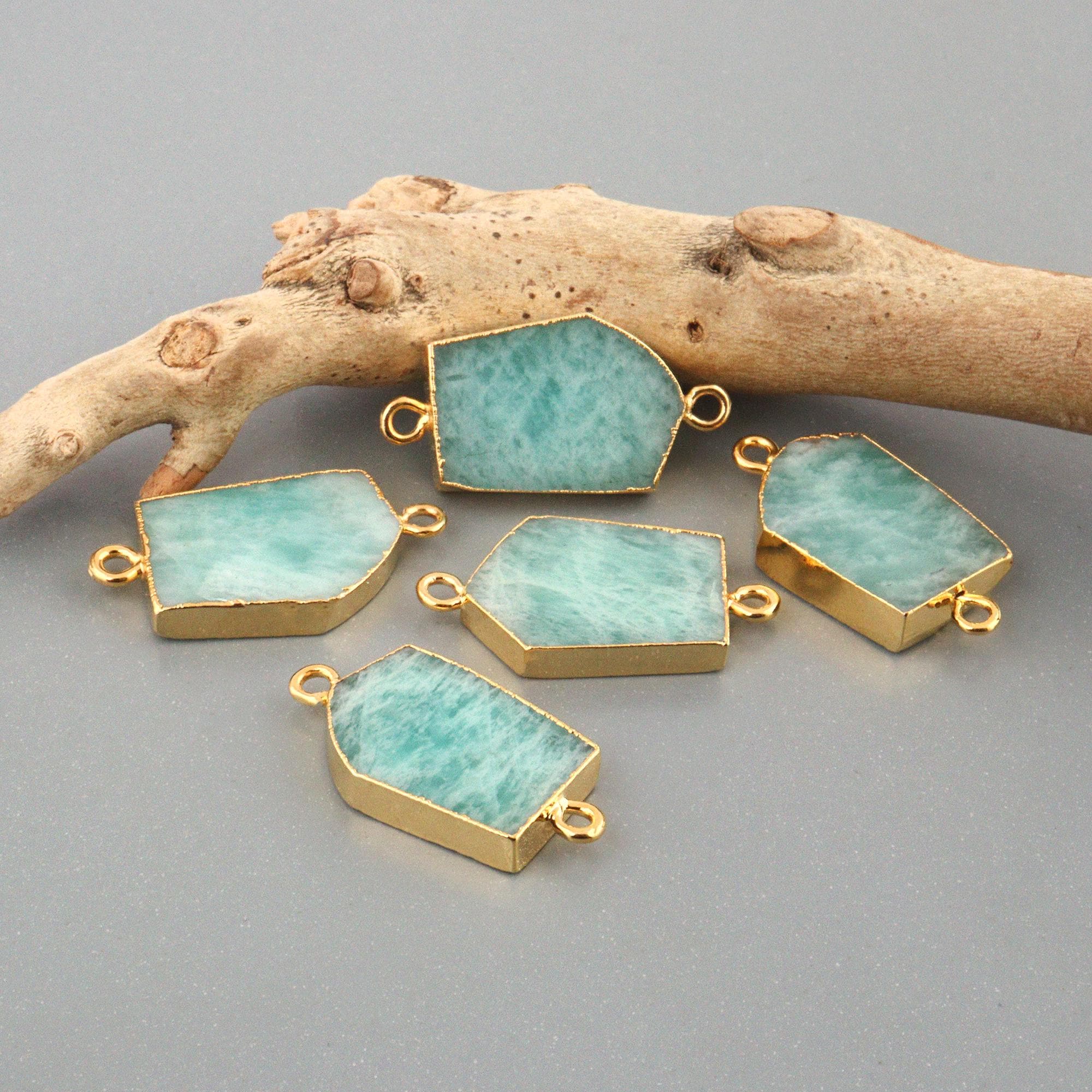 Natural Amazonite Connector Charms, Gold Electroplated Double Bail Connectors
