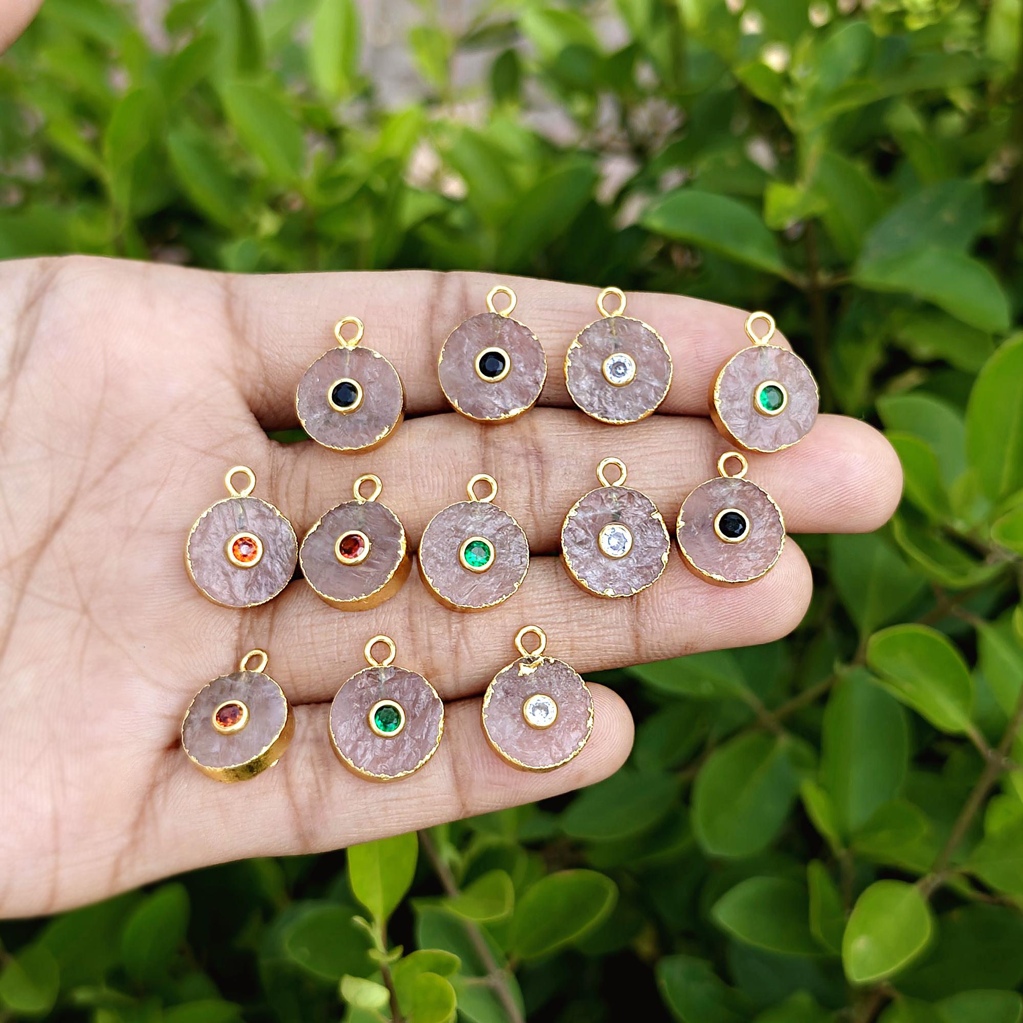 Raw Rose Quartz Connector Charm Electroplated Gemstone Pendant Round Shape Single Bail Jewelry Component