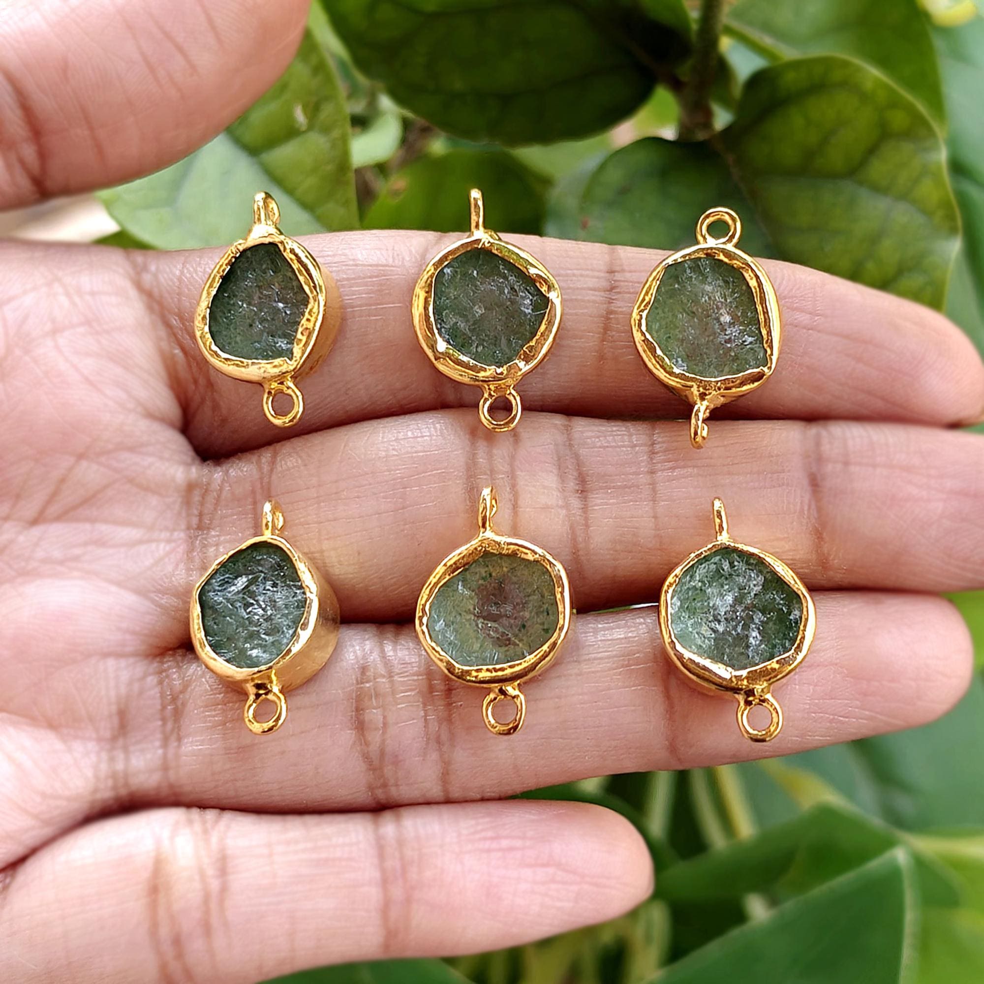 Green Strawberry Quartz Double Bail Bracelet Connector Bezel Set Gemstone Charm Gold Plated Component