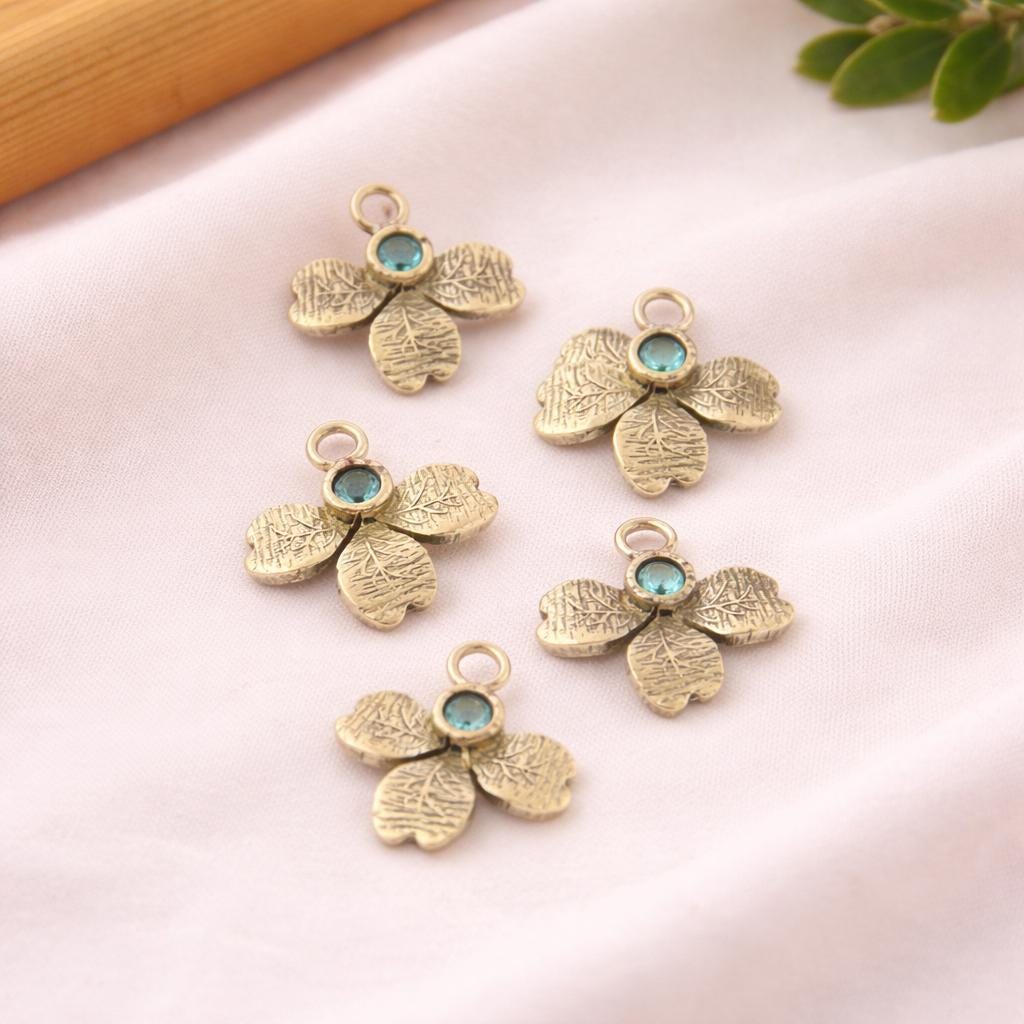 Tiny Round Blue Quartz Flower Pendant Charm Gold Plated Making Supplies