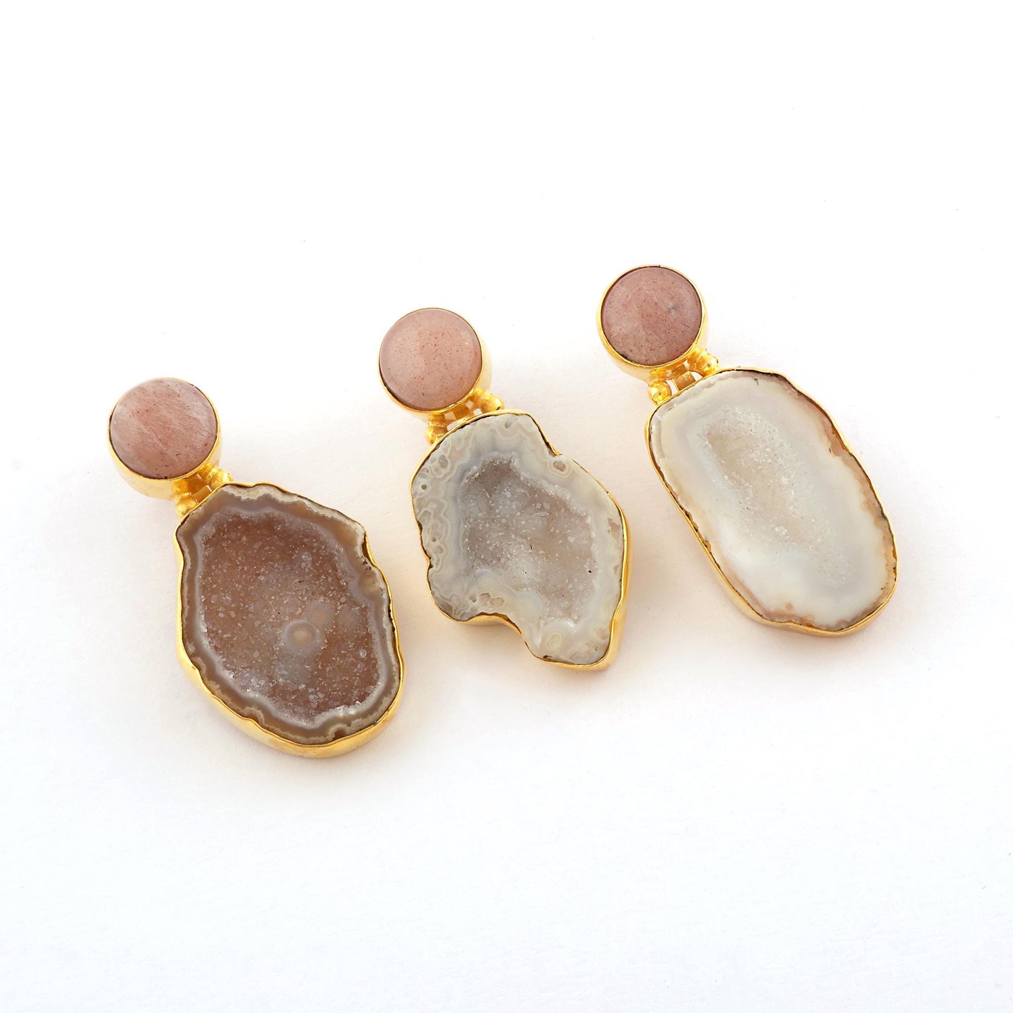 Peach Moonstone Geode Druzy Gold Plated Pendant Charm Agate Pendant Bezel Jewelry Making Components