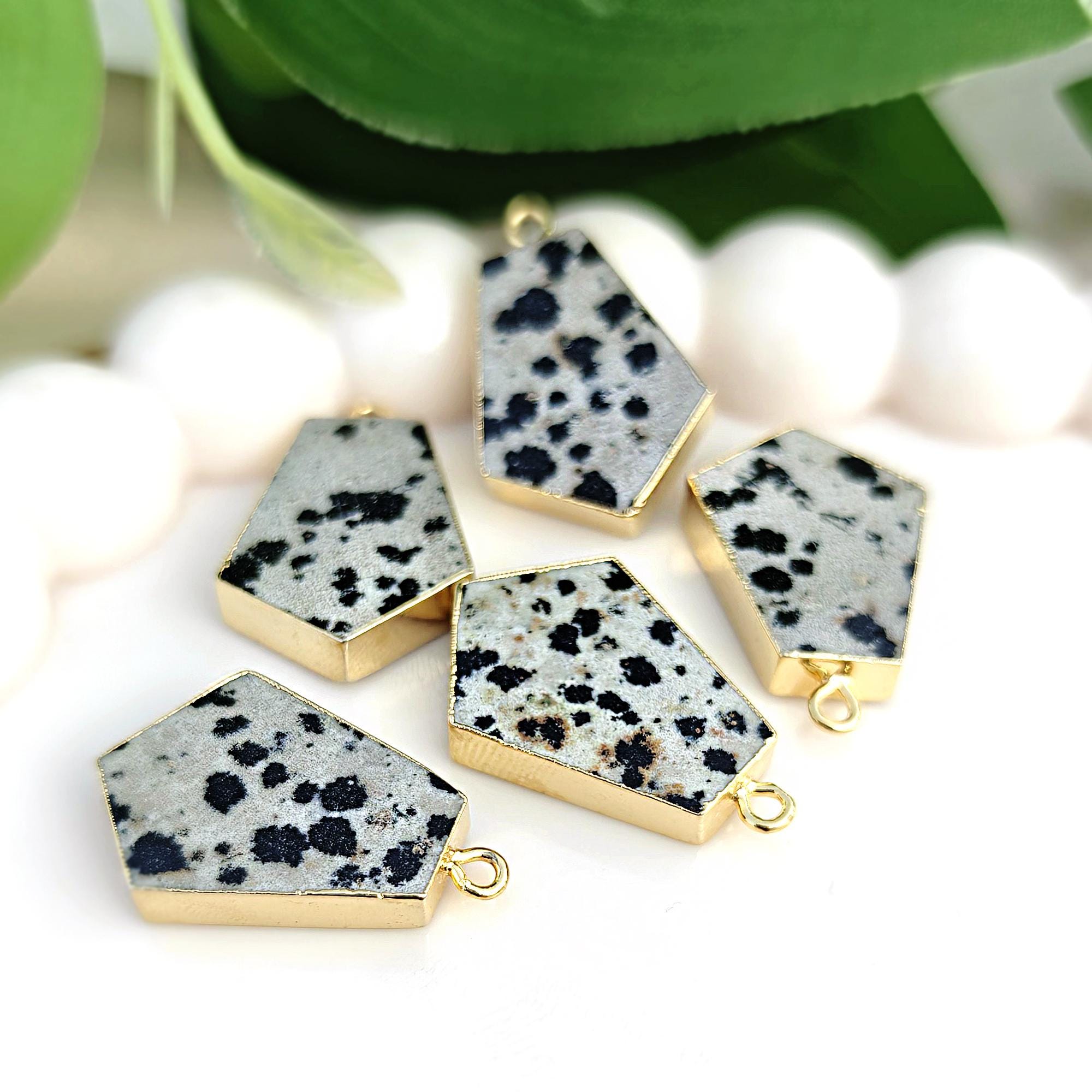 Gold Electroplated Dalmatian Jasper Pendant Connectors, Tie Shape Connectors
