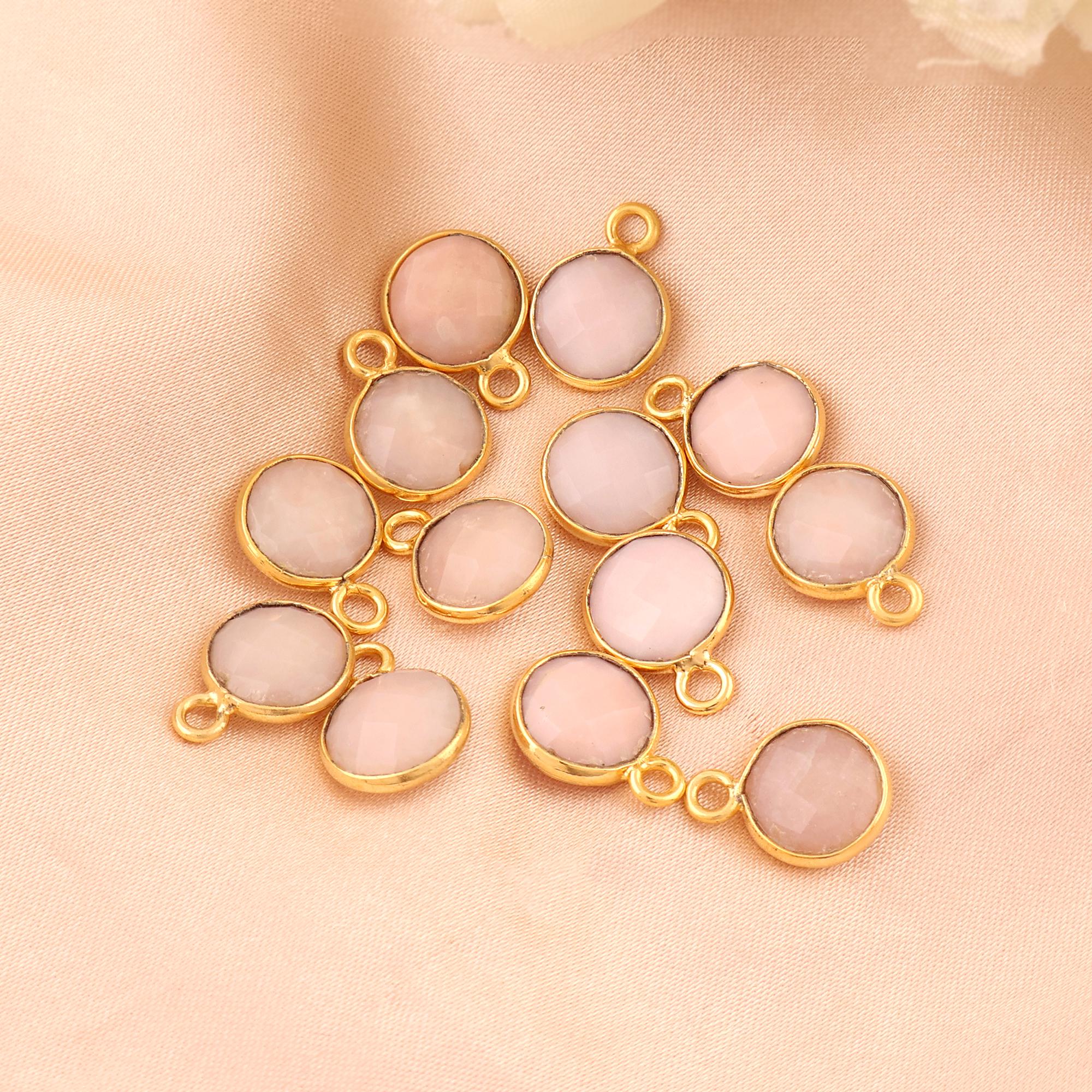 Pink Opal Single Bail Connector Round Bezel Gemstone Charm Bracelet Necklace Connector Jewelry Supply