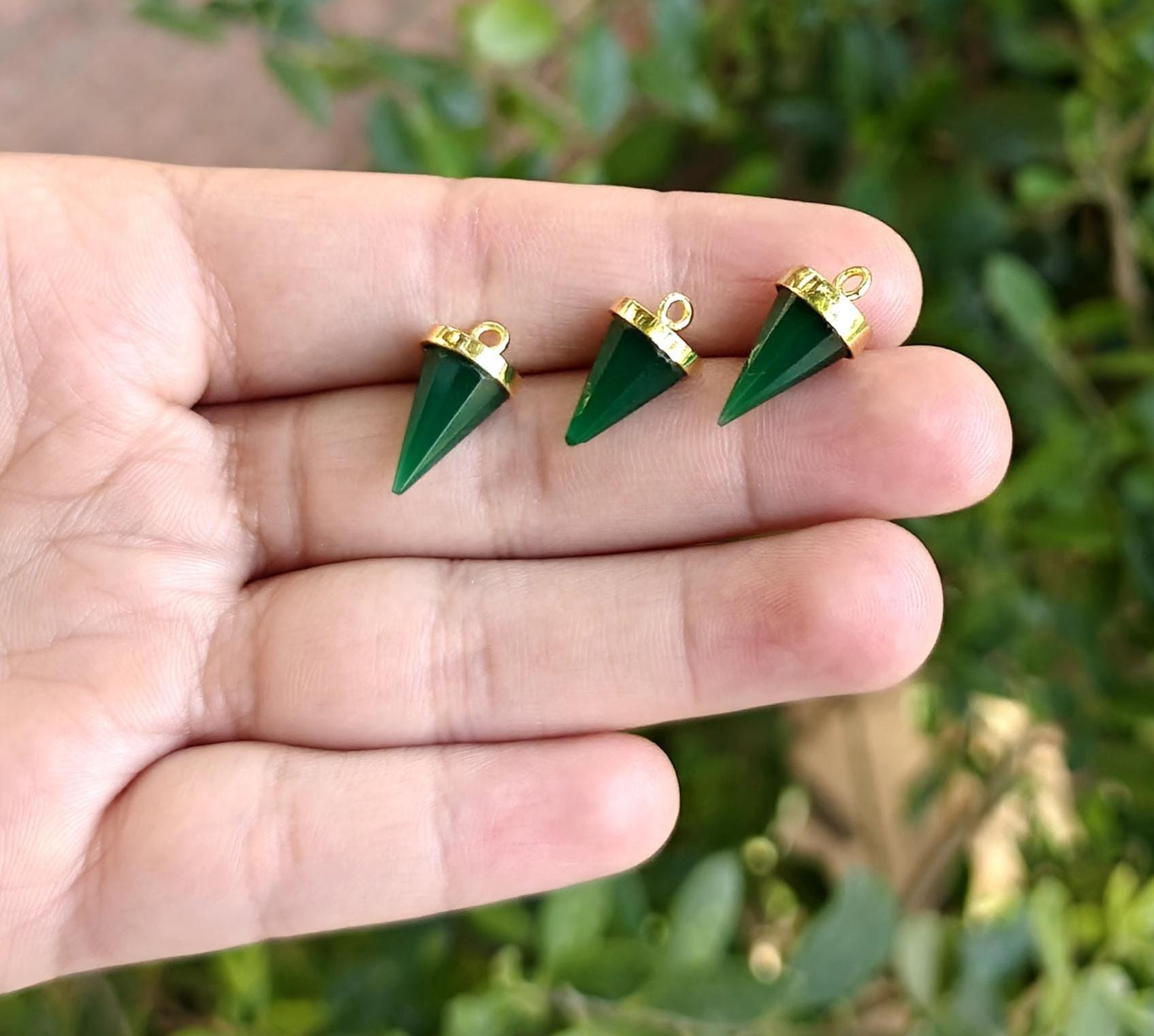 Green Onyx Cone Shape Pendant Gold Plated Gemstone Connector Making Supply