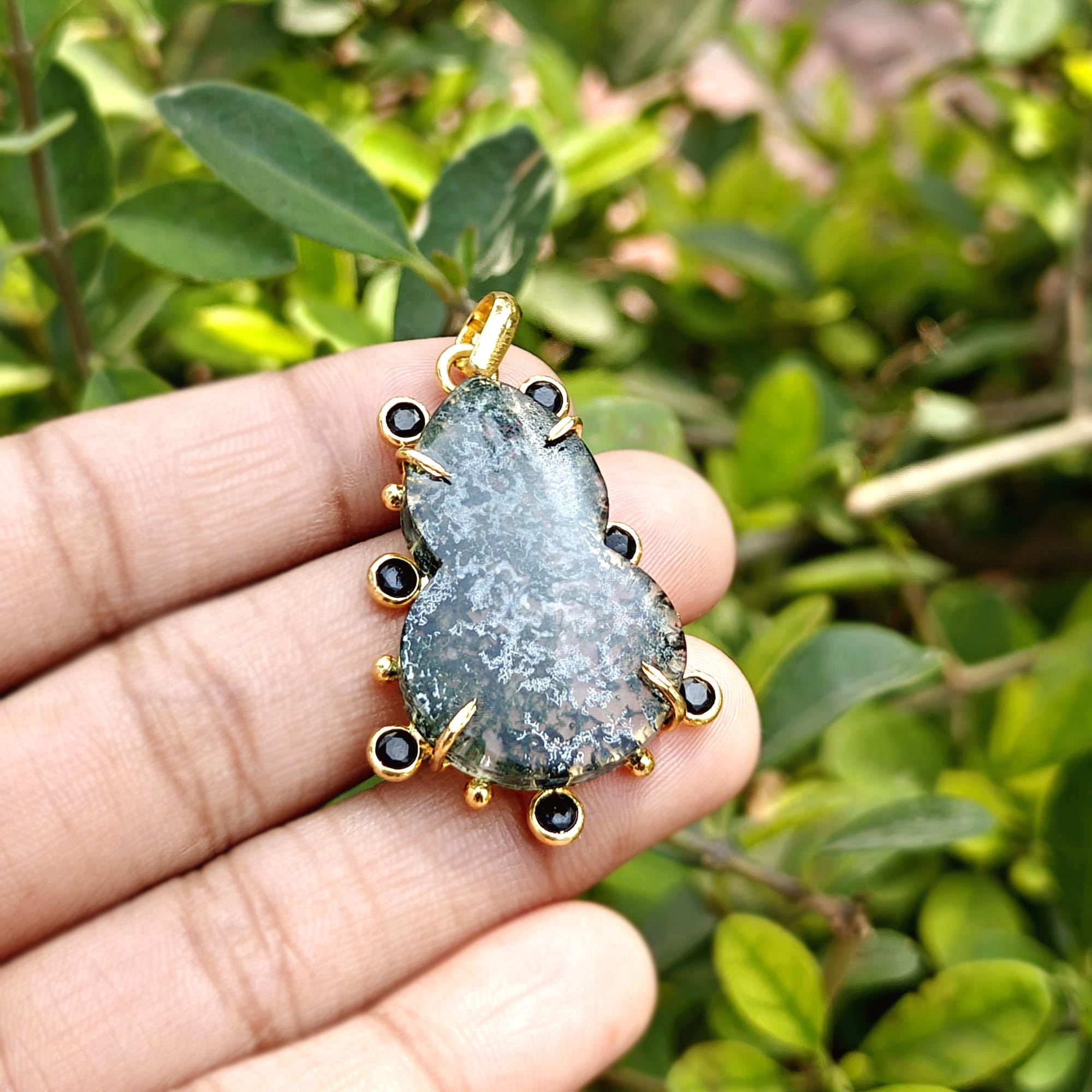 Moss Agate Gemstone Pendant Connector Gold Plated Prong Set Necklace Charm Components