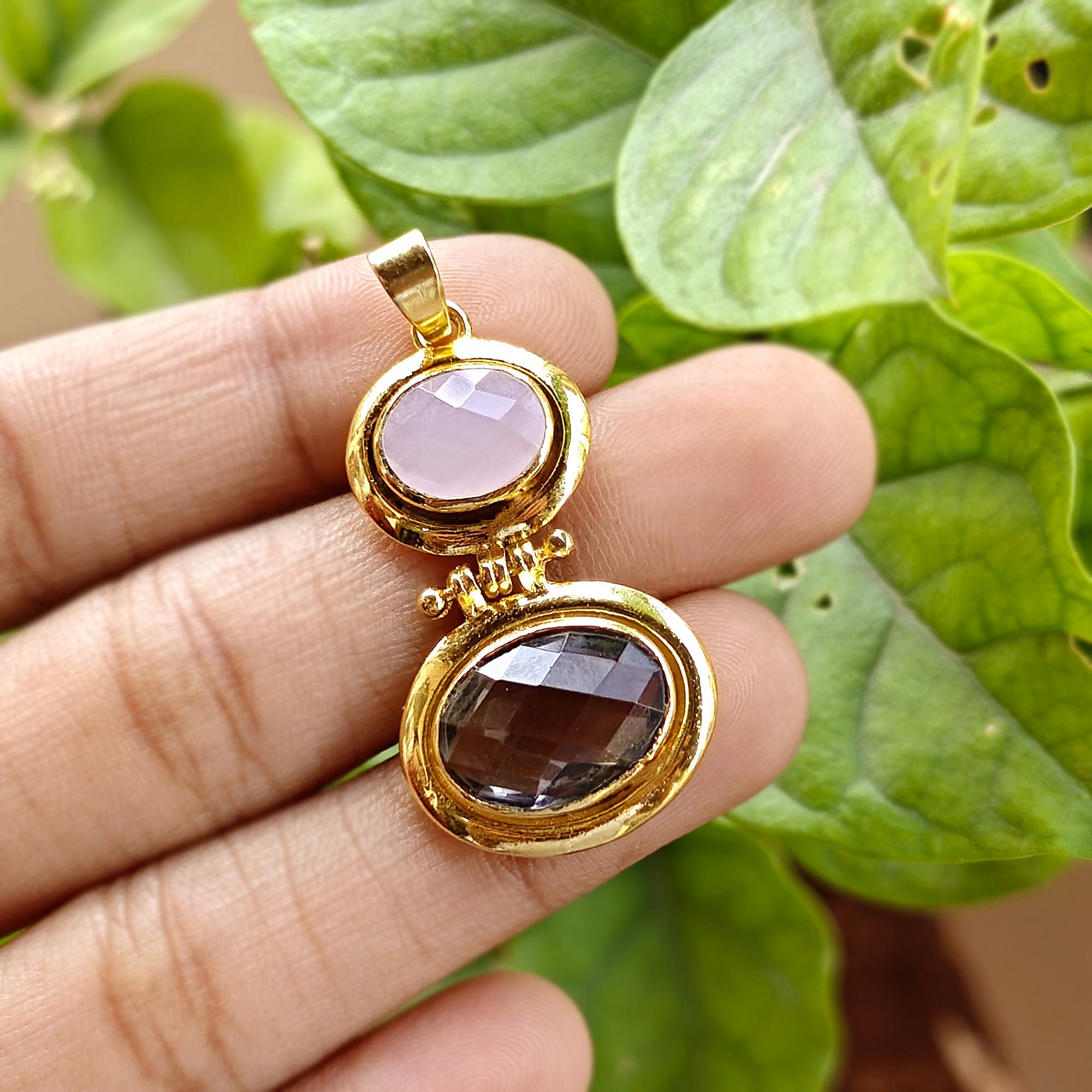 Gold Plated Pink Chalcedony Smoky Quartz Pendant, Oval Checker Gemstone Charm DIY Necklace Making