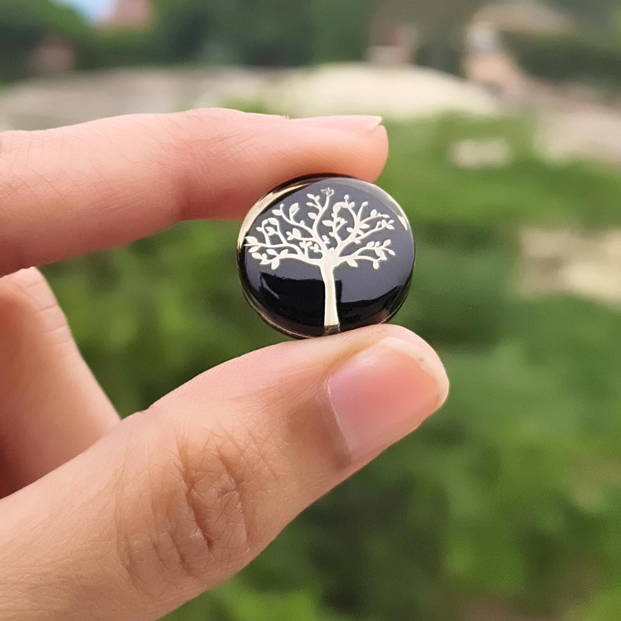 Black Doublet Quartz Cabochon, Silver Tree of Life Carving