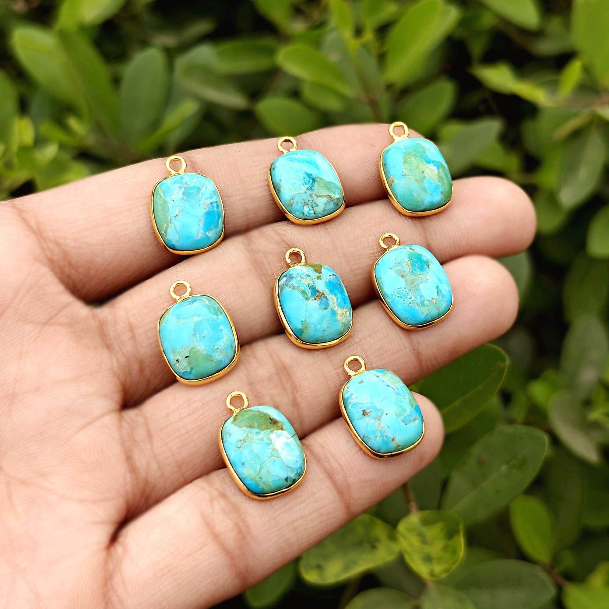 Kingman Turquoise Cabochon Charm Gold Plated Bezel Set Rectangle Shape s