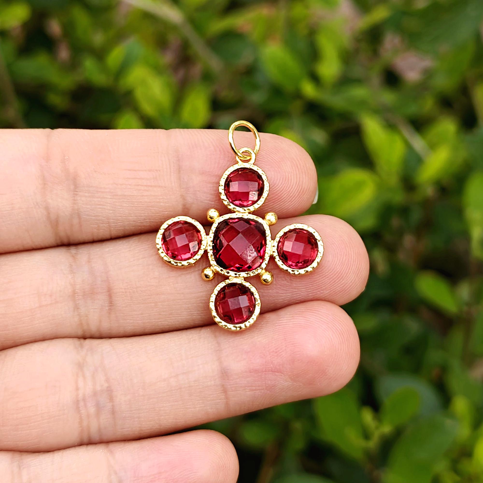 Ruby Quartz Crucifix Cross Pendant Charm Gold Plated Gemstone Necklace Connector