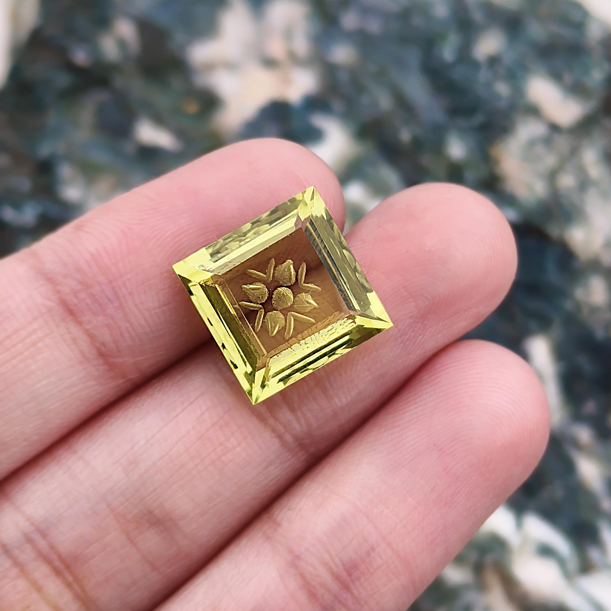 8.55 Cts Nano Citrine CZ Flower Engraving 12MM Square Faceted Step Cut Gemstone Supply