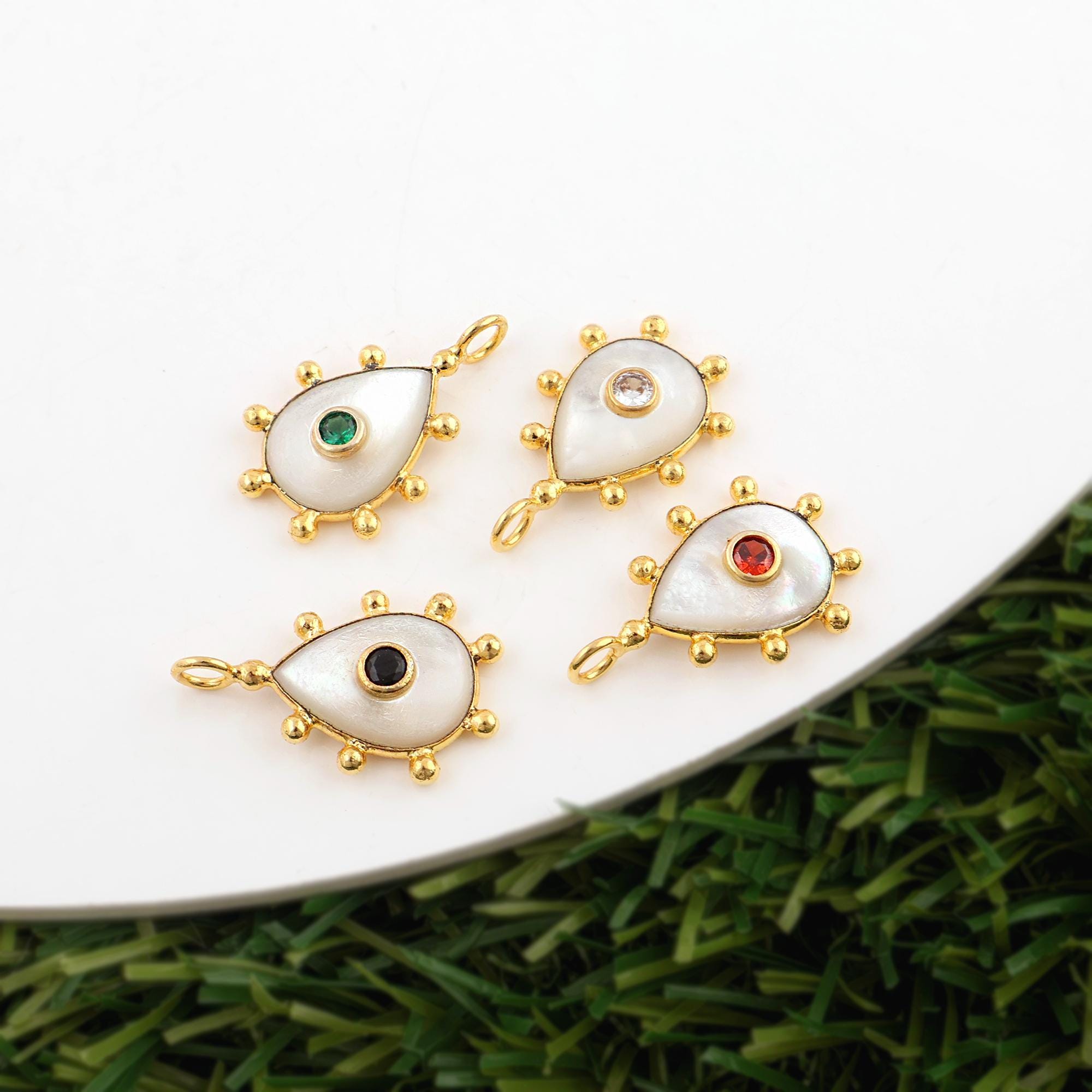 Gold Plated Pear Mother of Pearl Pendant with CZ Accent Gemstone Charm Connector