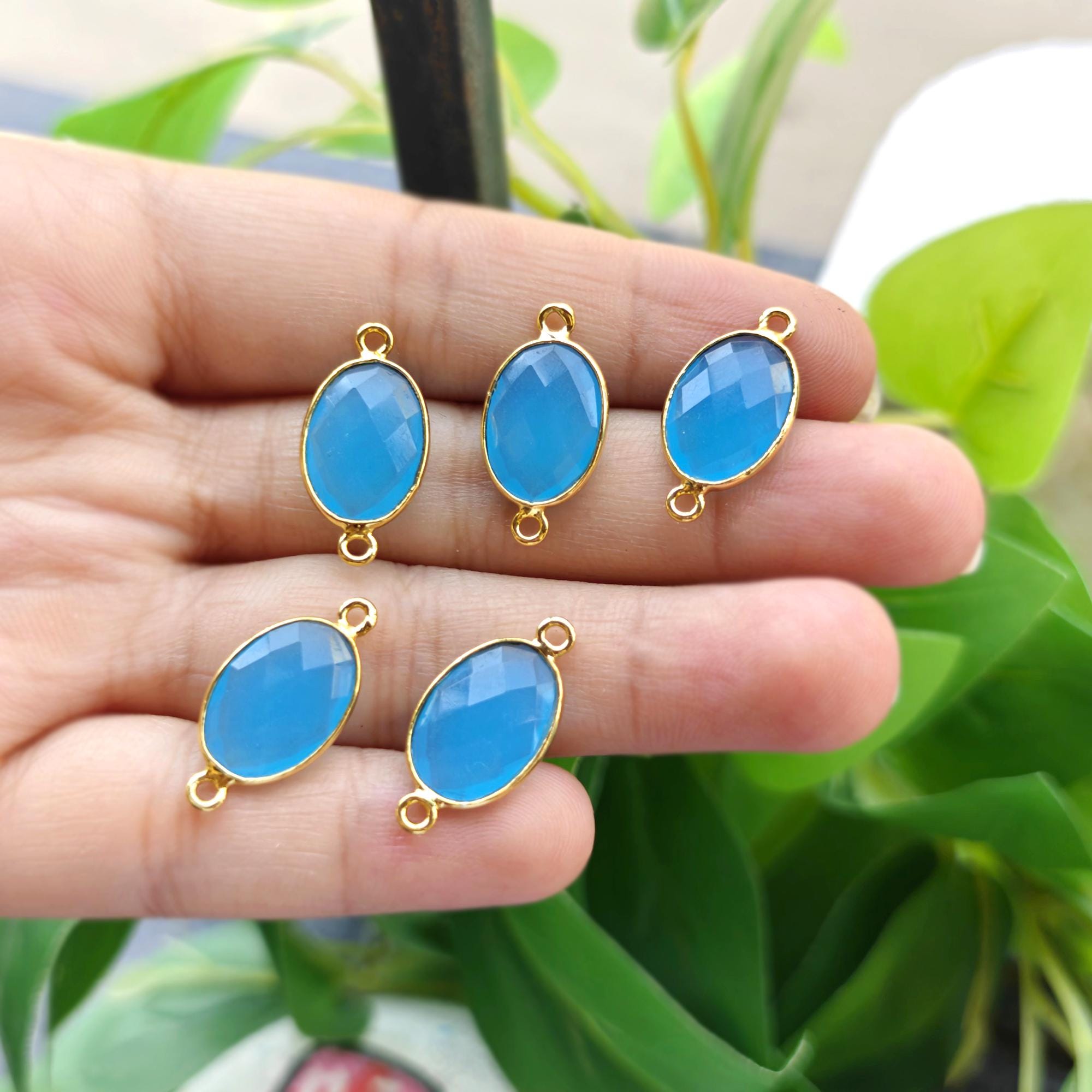Checker Cut Oval Hydro Quartz Gemstone Connectors Gold Plated Bezel Double Bail Pendant Charms