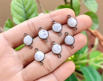 Natural Rainbow Moonstone Round Pendant Connector Double Bail Gemstone Charm Handmade Jewelry Supplies