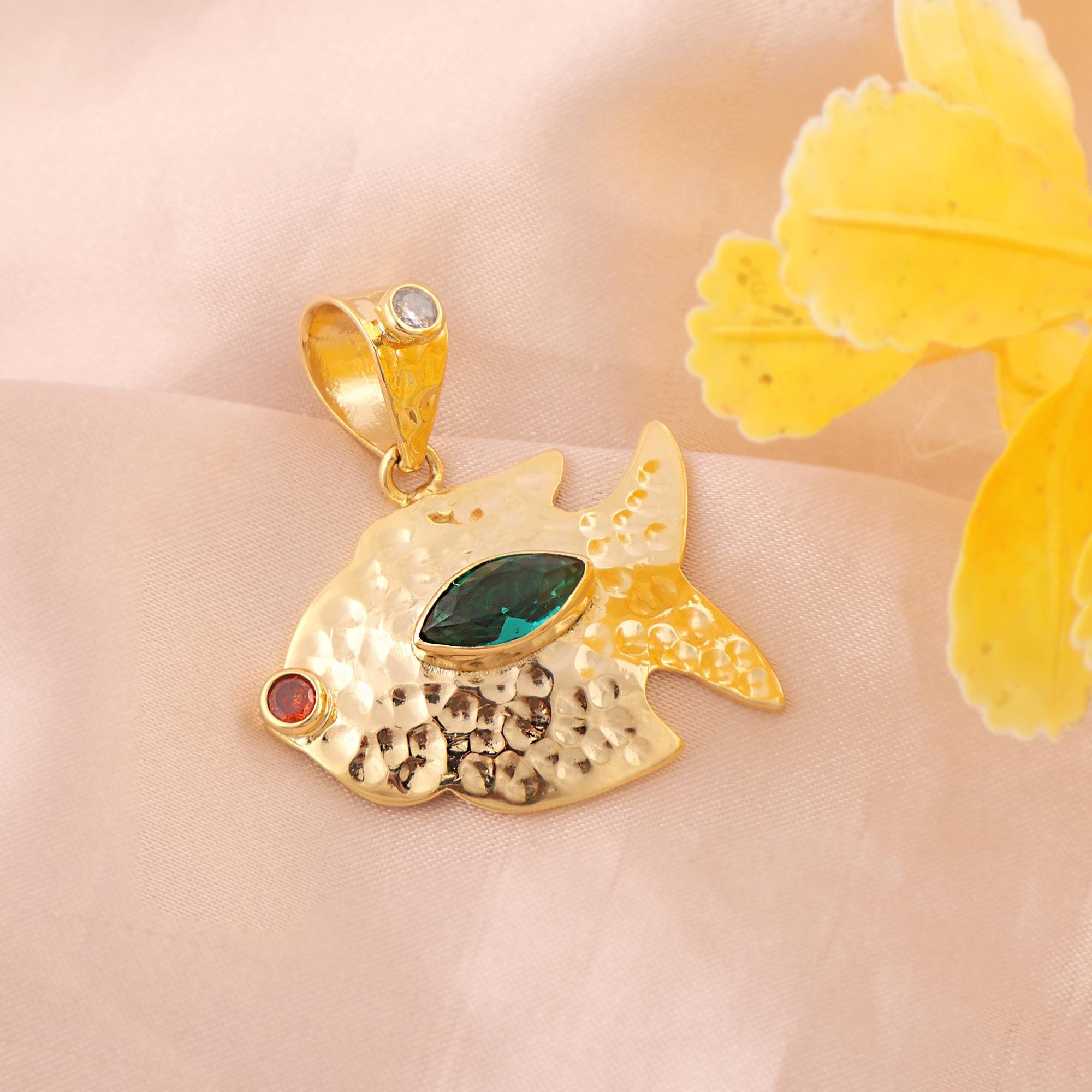 Gold Plated Fish Pendant with Green CZ Quartz Marquise Stone Fish Charm Jewelry Component