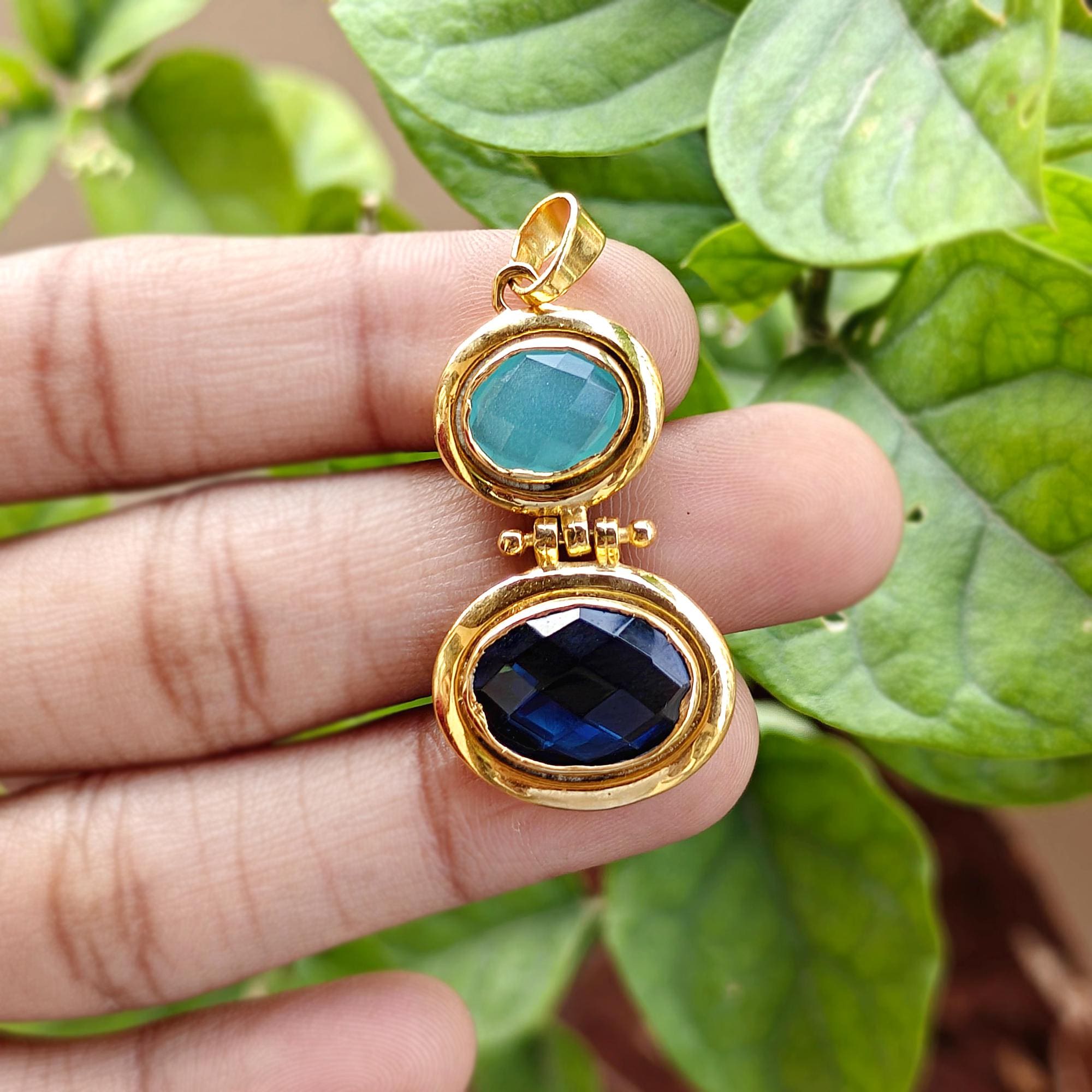 Gold Plated Aqua Chalcedony London Blue Quartz Pendant Charm