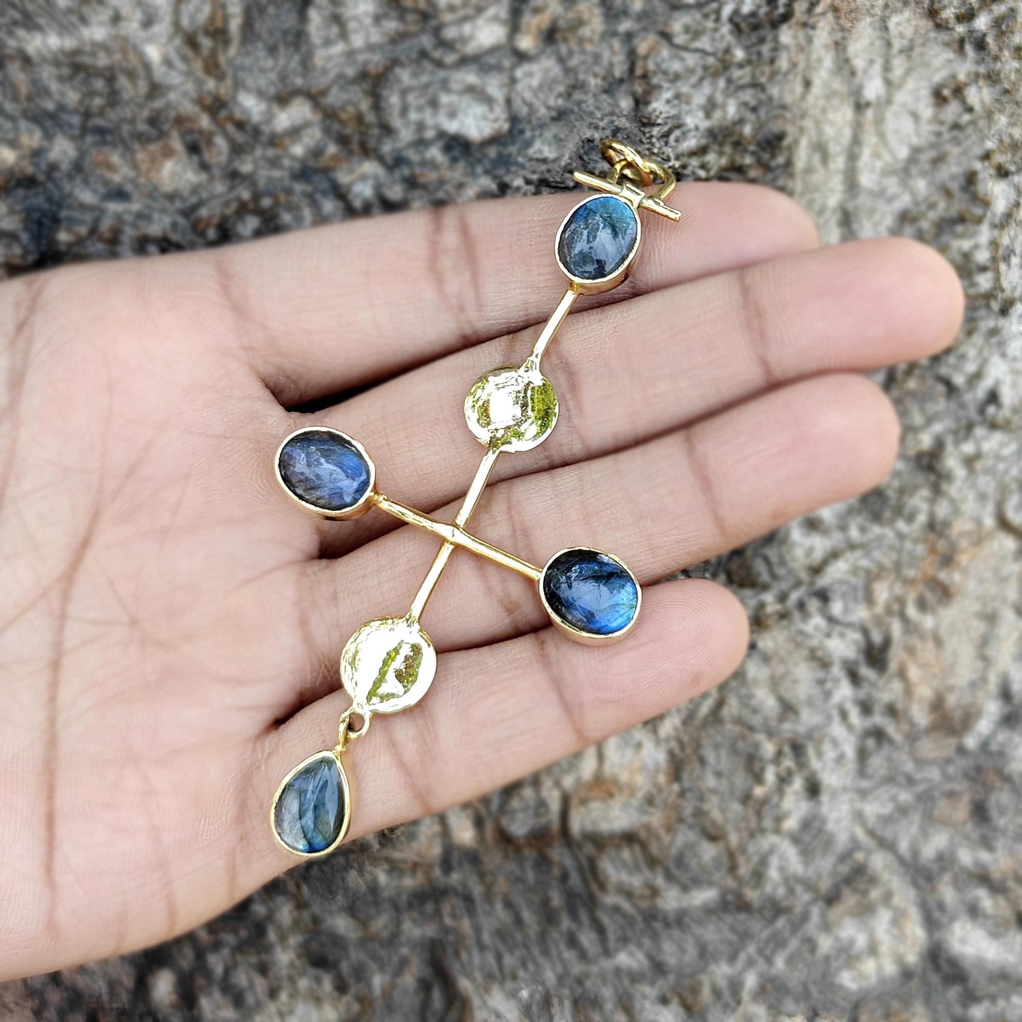 Natural Flash Labradorite Cross Necklace 18k Gold Plated Oval Gemstone Pear Drop Pendant Charm