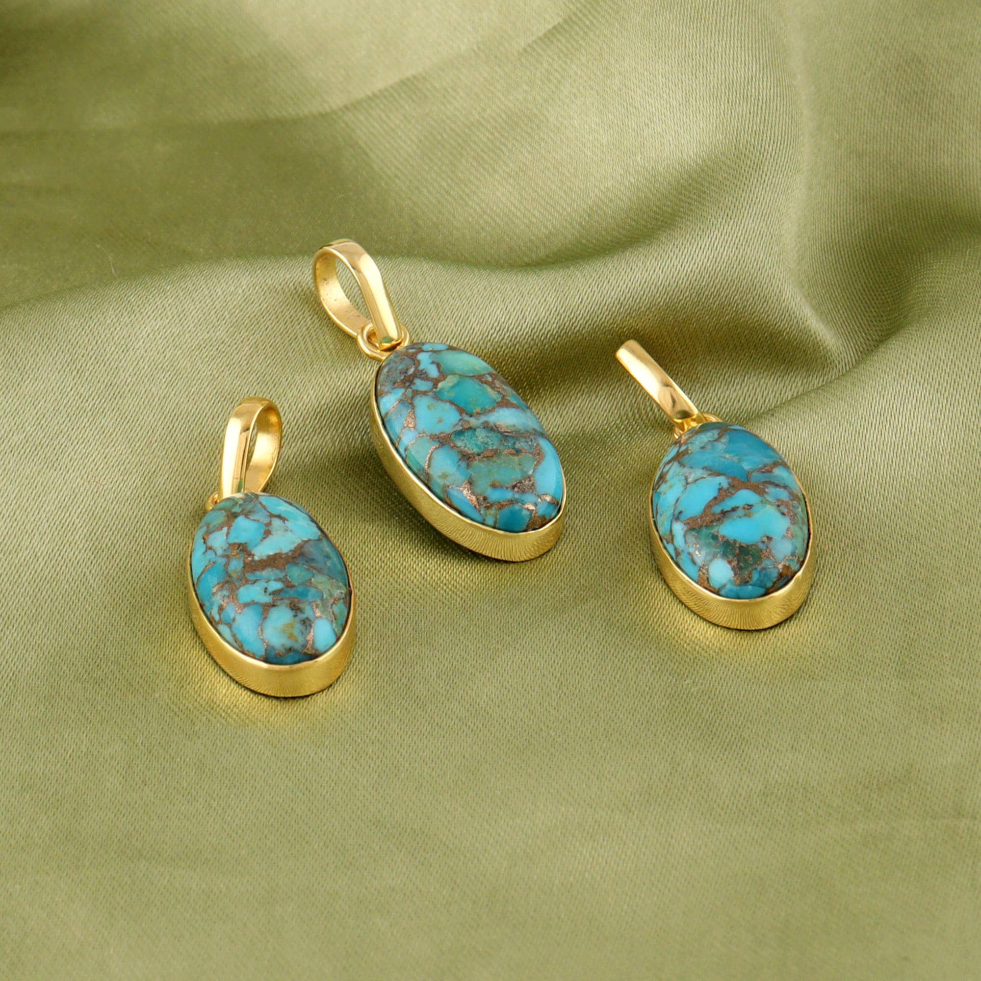 Blue Copper Turquoise Gold Plated Pendant Necklace Oval Statement Gemstone Charm Jewelry Making Component